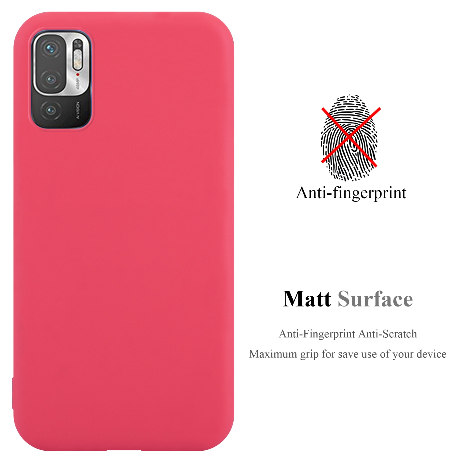 Custodia del telefono rosa con un telefono, un'icona di impronta digitale e testo.