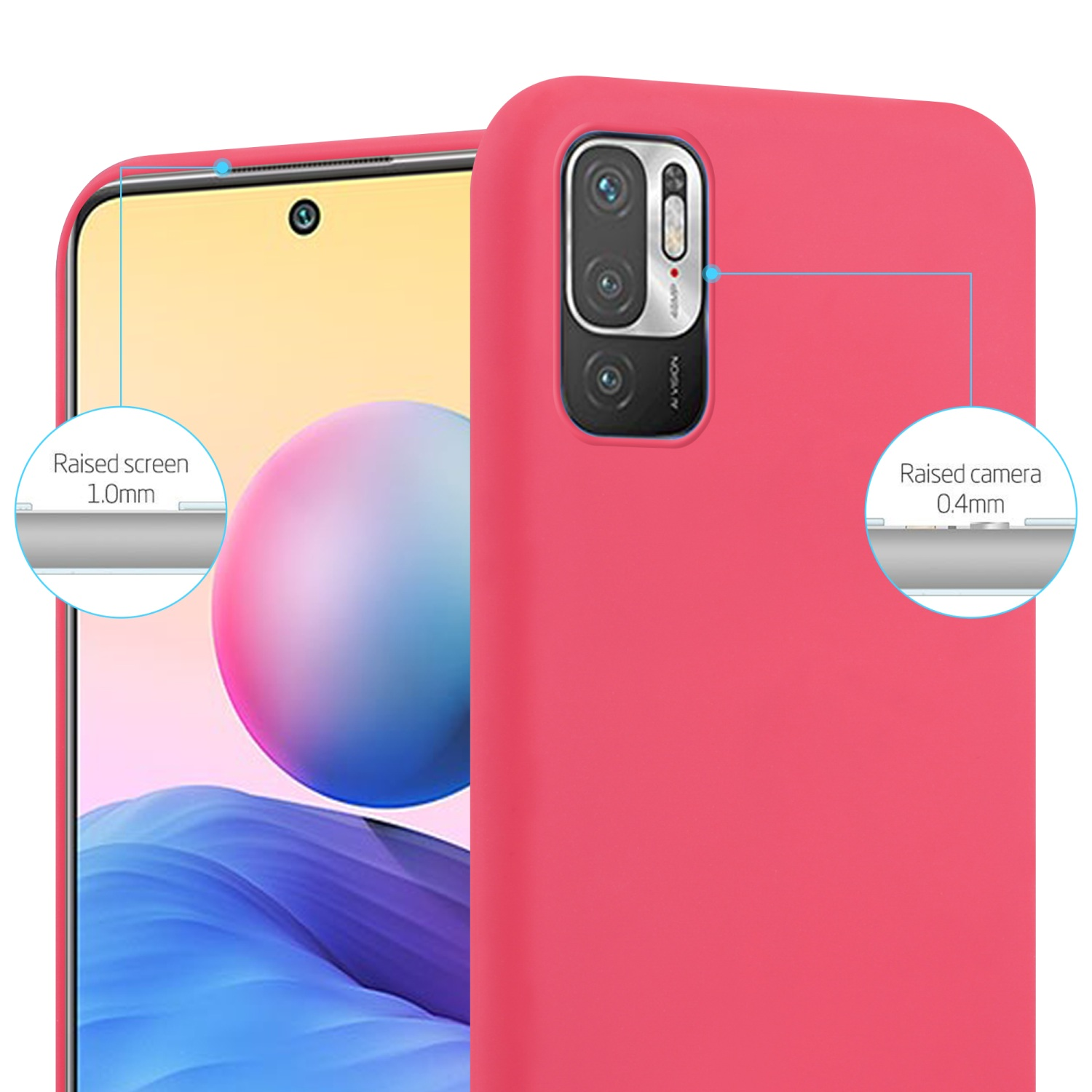 Custodia rossa per telefono con protezione schermo e fotocamera rialzate. Mostra uno schermo rosa e viola.
