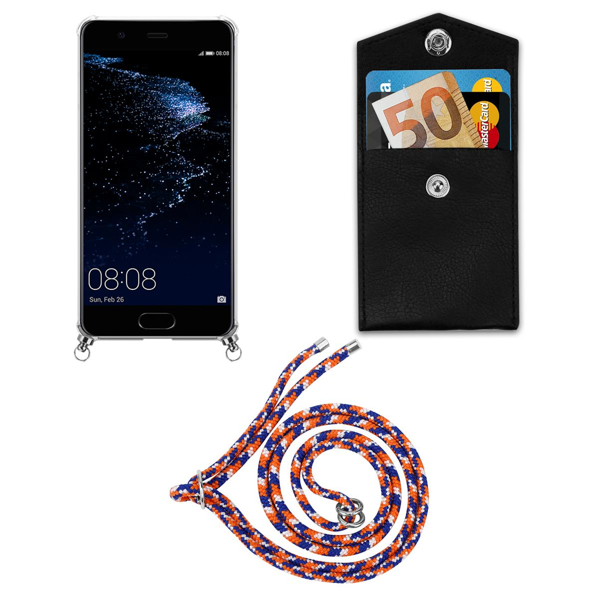 Smartphone, Geldbörse mit Karten und ein Lanyard mit orange-blauem Muster.