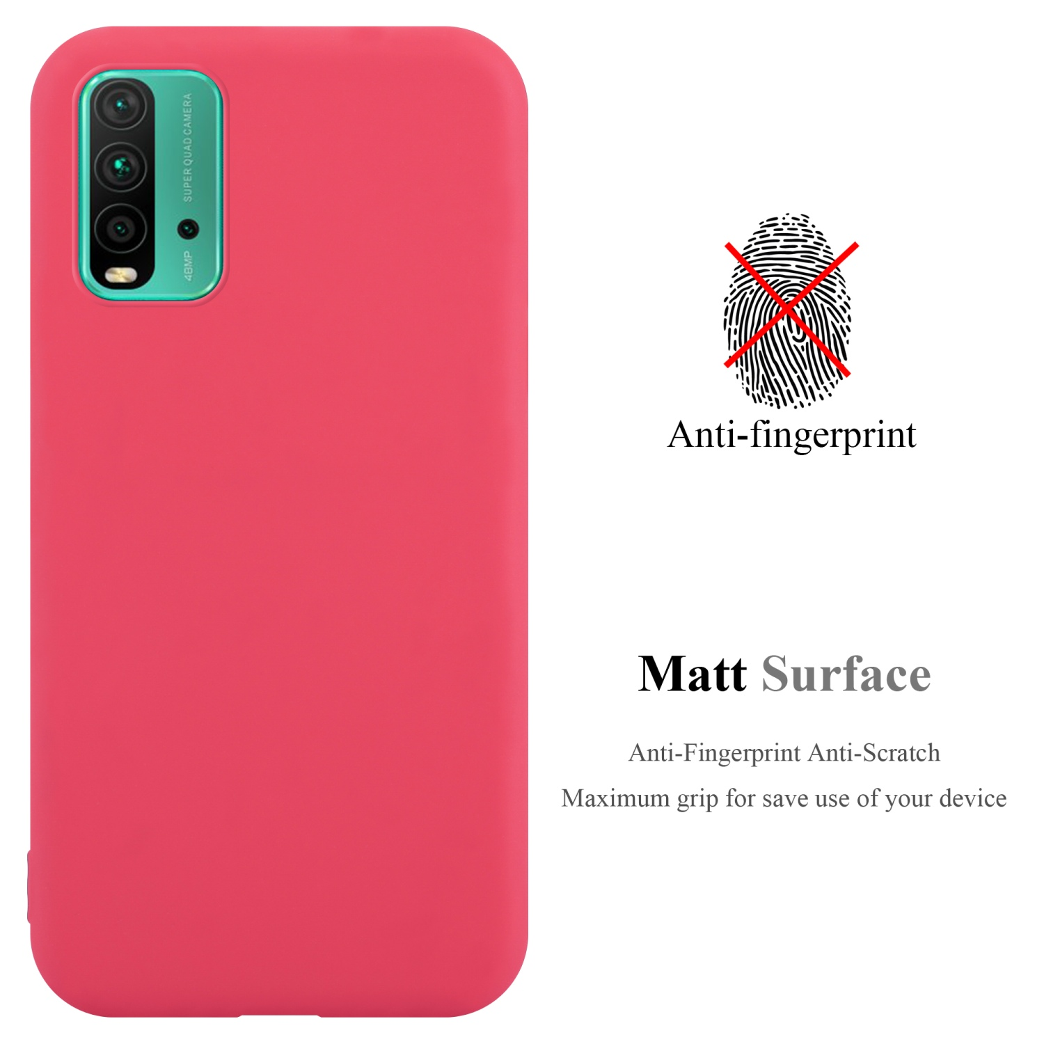 Custodia rossa. Un telefono è all'interno. Il testo dice anti-impronte, superficie opaca.
