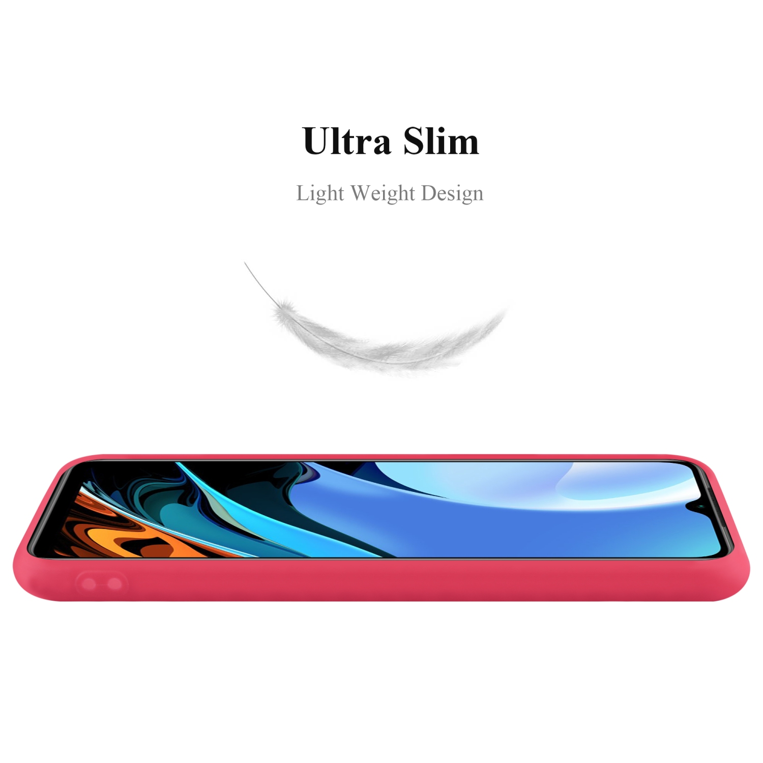 Custodia per telefono rossa vista di lato. Una piuma fluttua sopra. Design leggero.