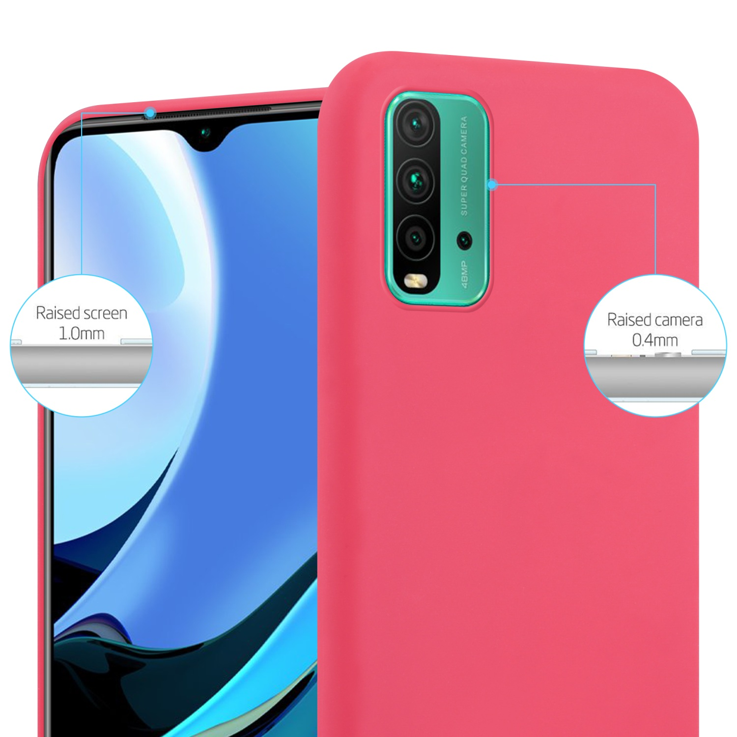 Una custodia rosa per telefono con un telefono all'interno. Mostra schermo e fotocamera rialzati. Uno sfondo rosso.