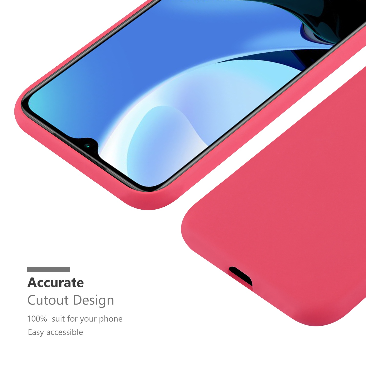 Custodia per telefono rosa con schermo aperto, che mostra il design. Viene menzionato il design di ritaglio accurato.