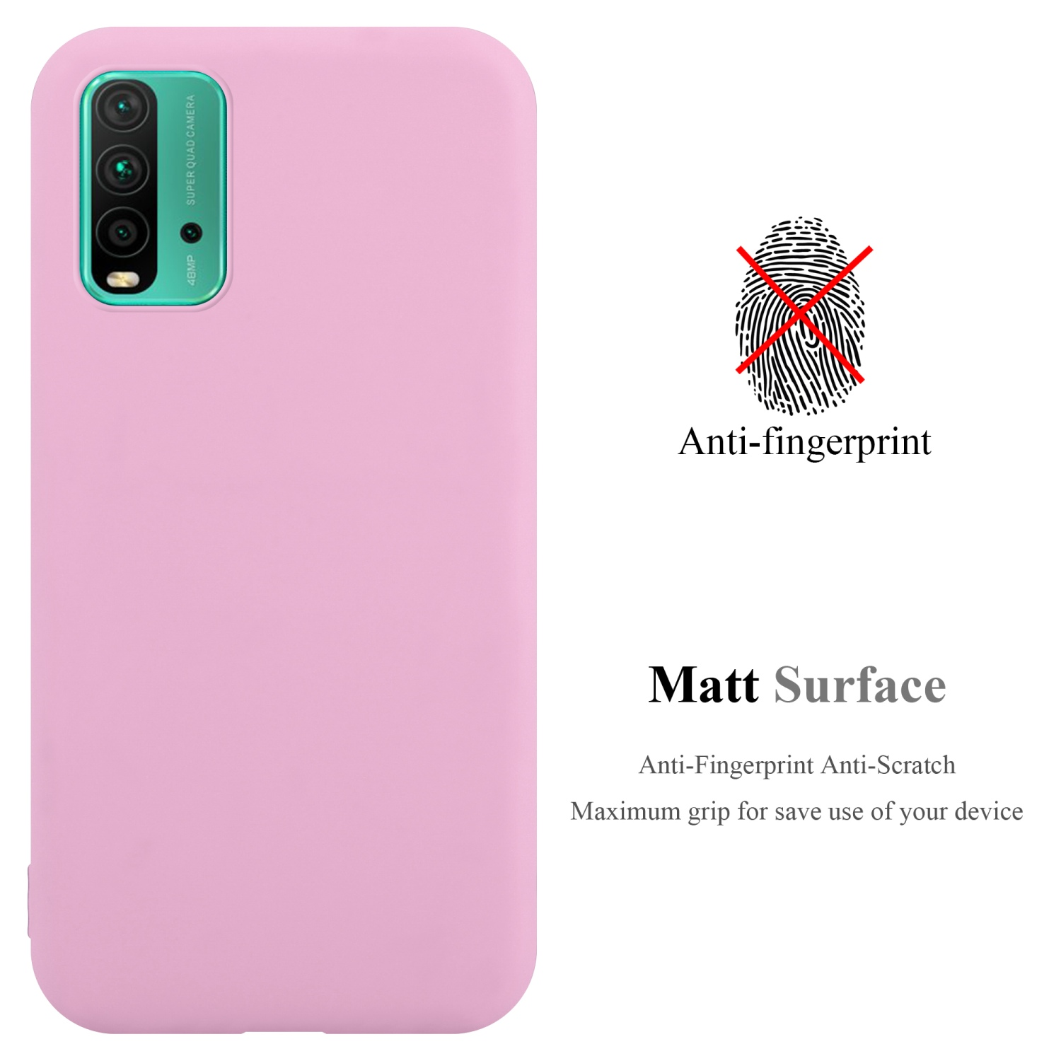Custodia per telefono rosa con modulo fotocamera visibile. Vengono pubblicizzate proprietà anti-impronta e superficie opaca.