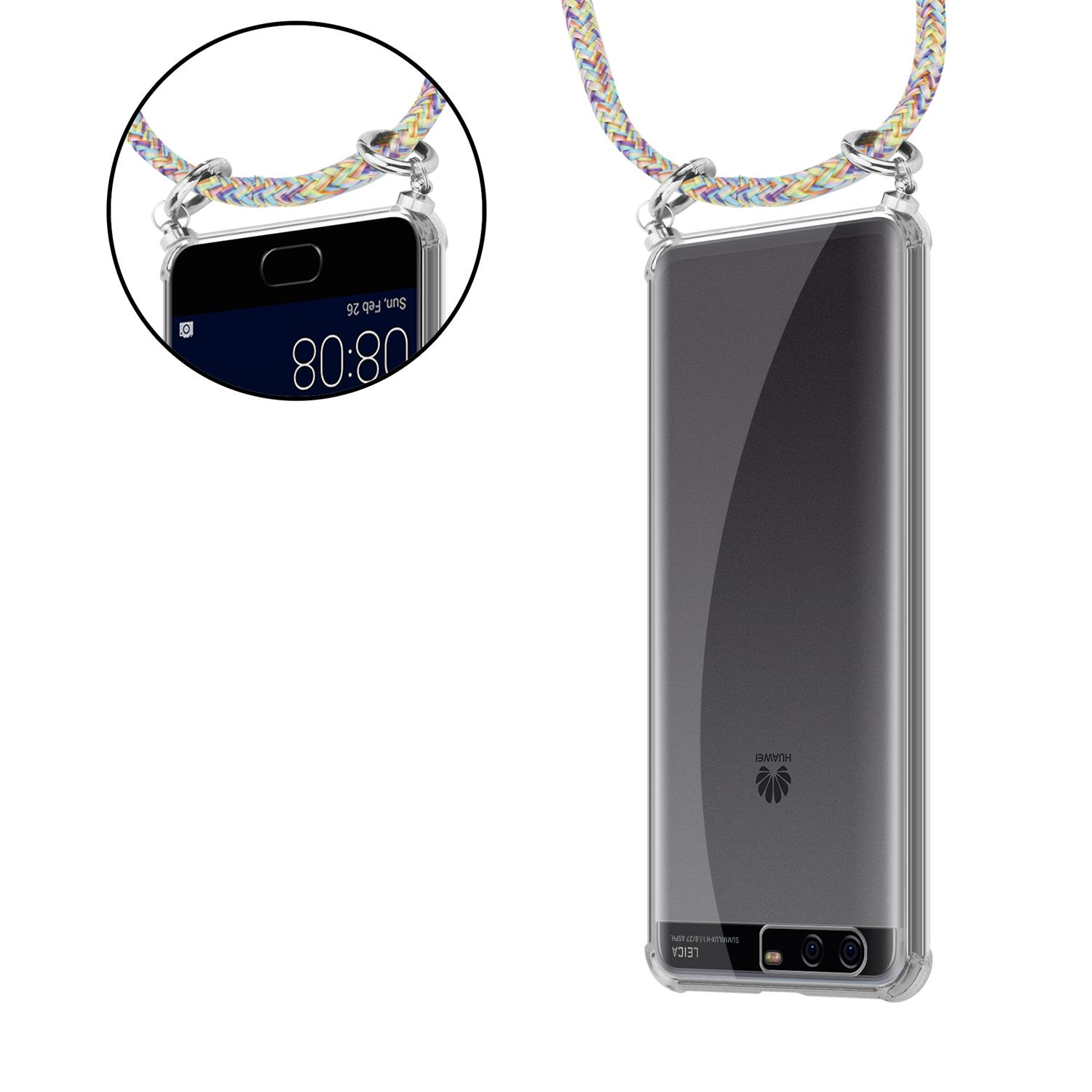 Telefon mit klarer Hülle und farbenfrohem Umhängeband und Nahaufnahme des Telefons.