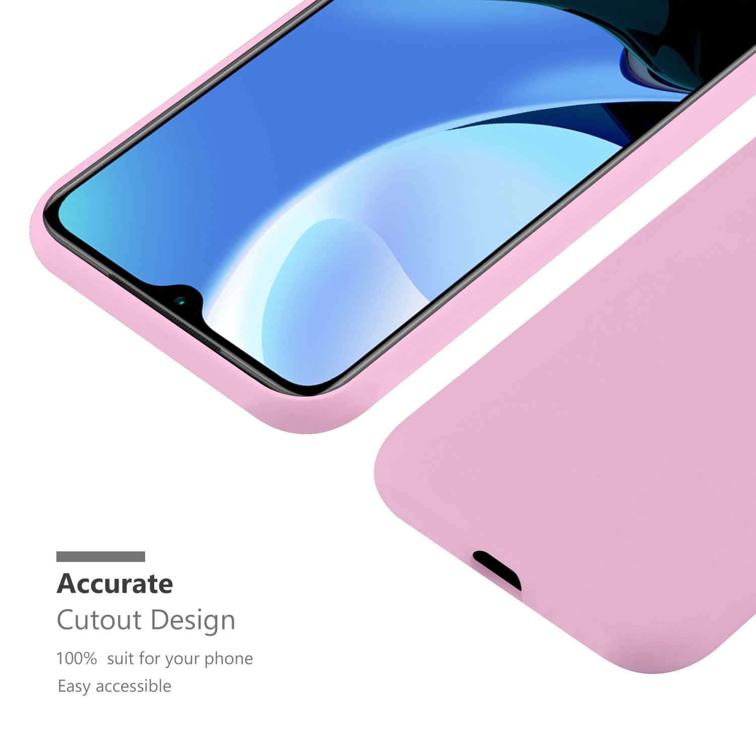 Una custodia per telefono rosa con il telefono all'interno e uno sfondo bianco, con testo che descrive il telefono.