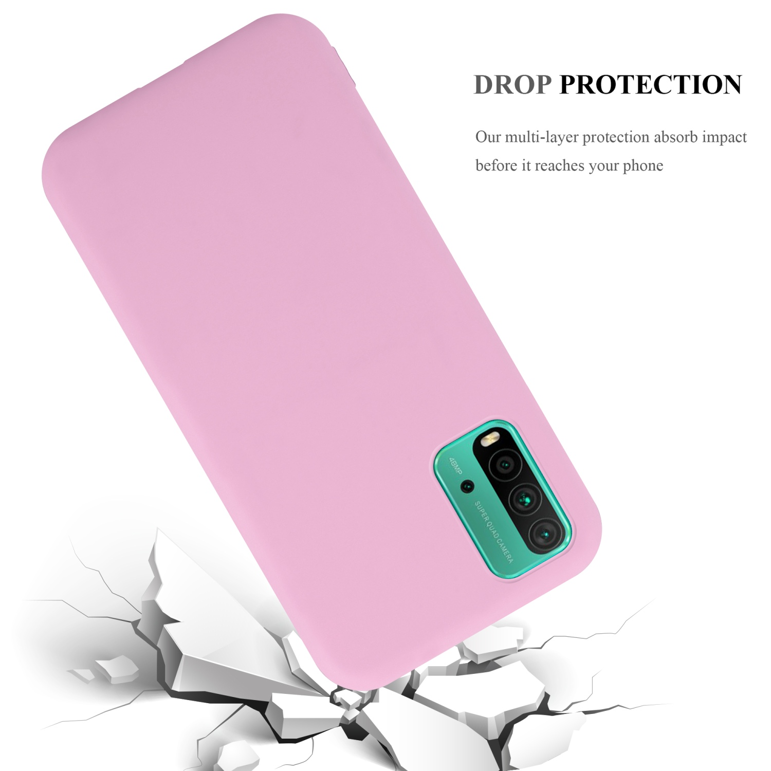 Custodia rosa. Sfondo bianco con crepe. Protezione dalle cadute.