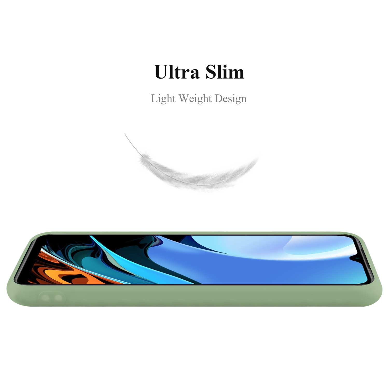 Custodia per telefono verde con telefono. La custodia è su uno sfondo bianco, con una piuma.