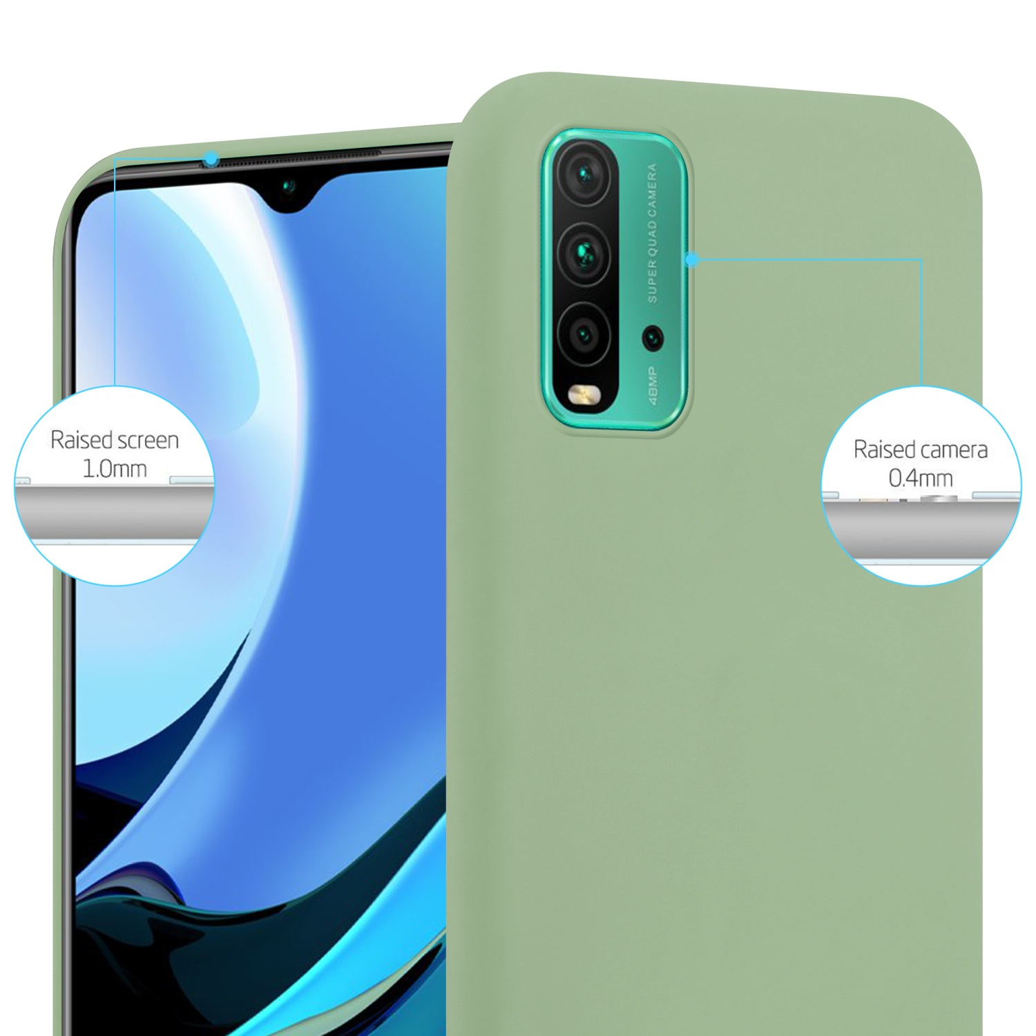 Custodia verde per telefono con dettagli schermo e fotocamera rialzati. La custodia copre il telefono.
