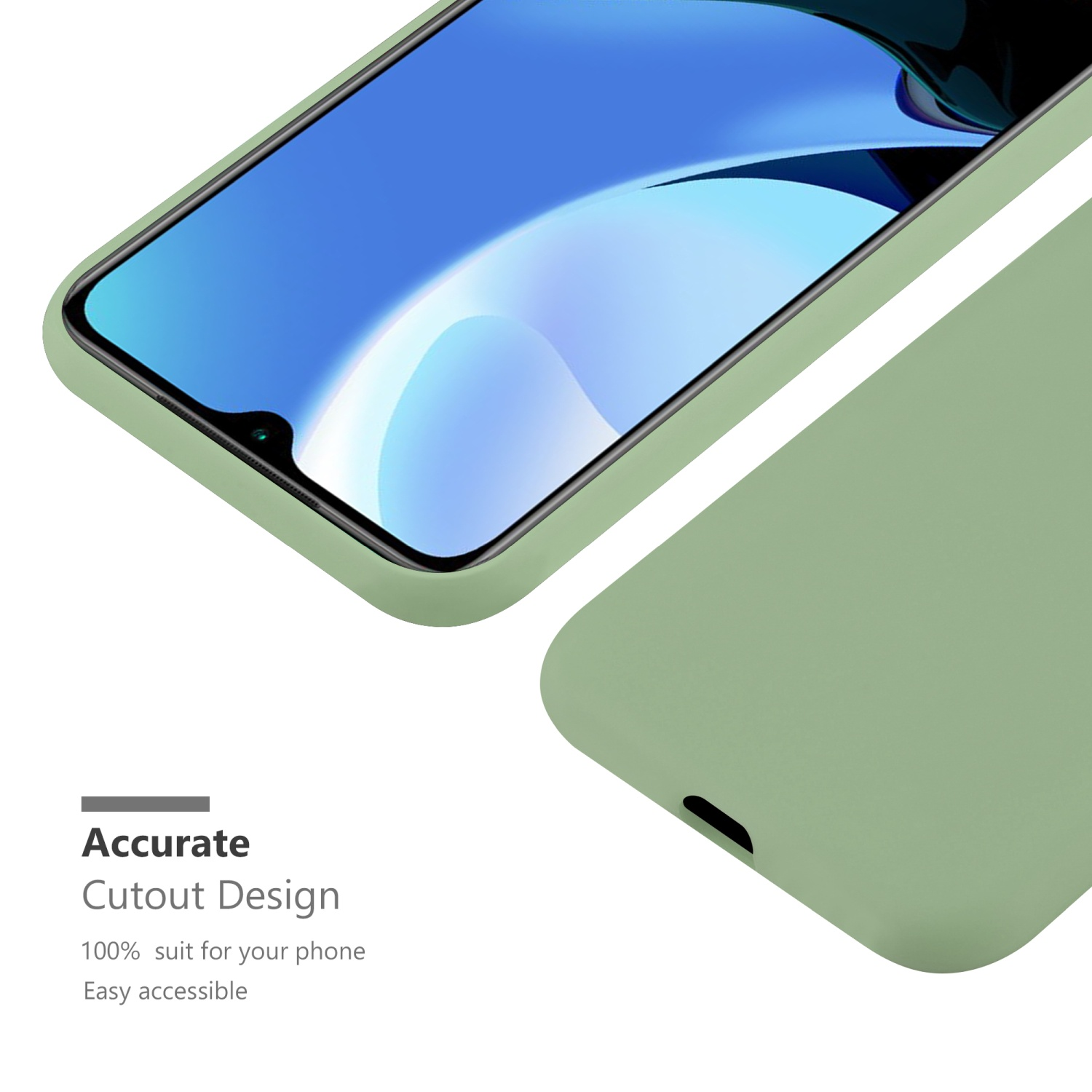 Primo piano di custodia verde chiaro. Schermo del telefono visibile. Sfondo bianco.