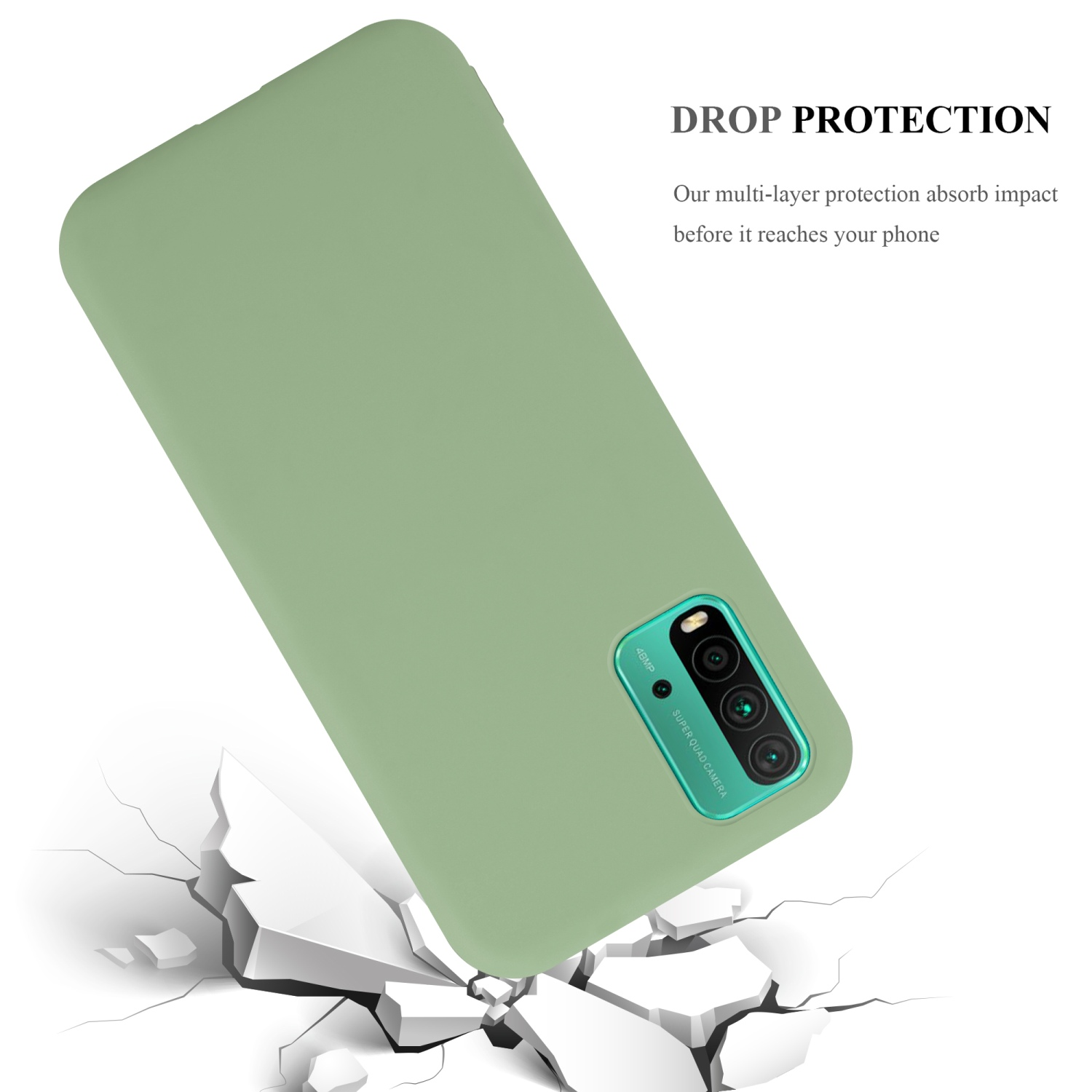 Custodia verde per telefono che cade su una superficie rotta. Testo: 'Drop Protection' e 'absorb impact'.