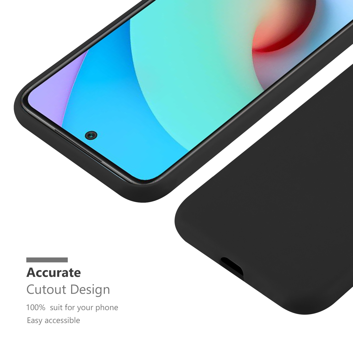 Custodia per telefono nera con un design ritagliato, che mostra la parte inferiore del telefono. Design preciso.