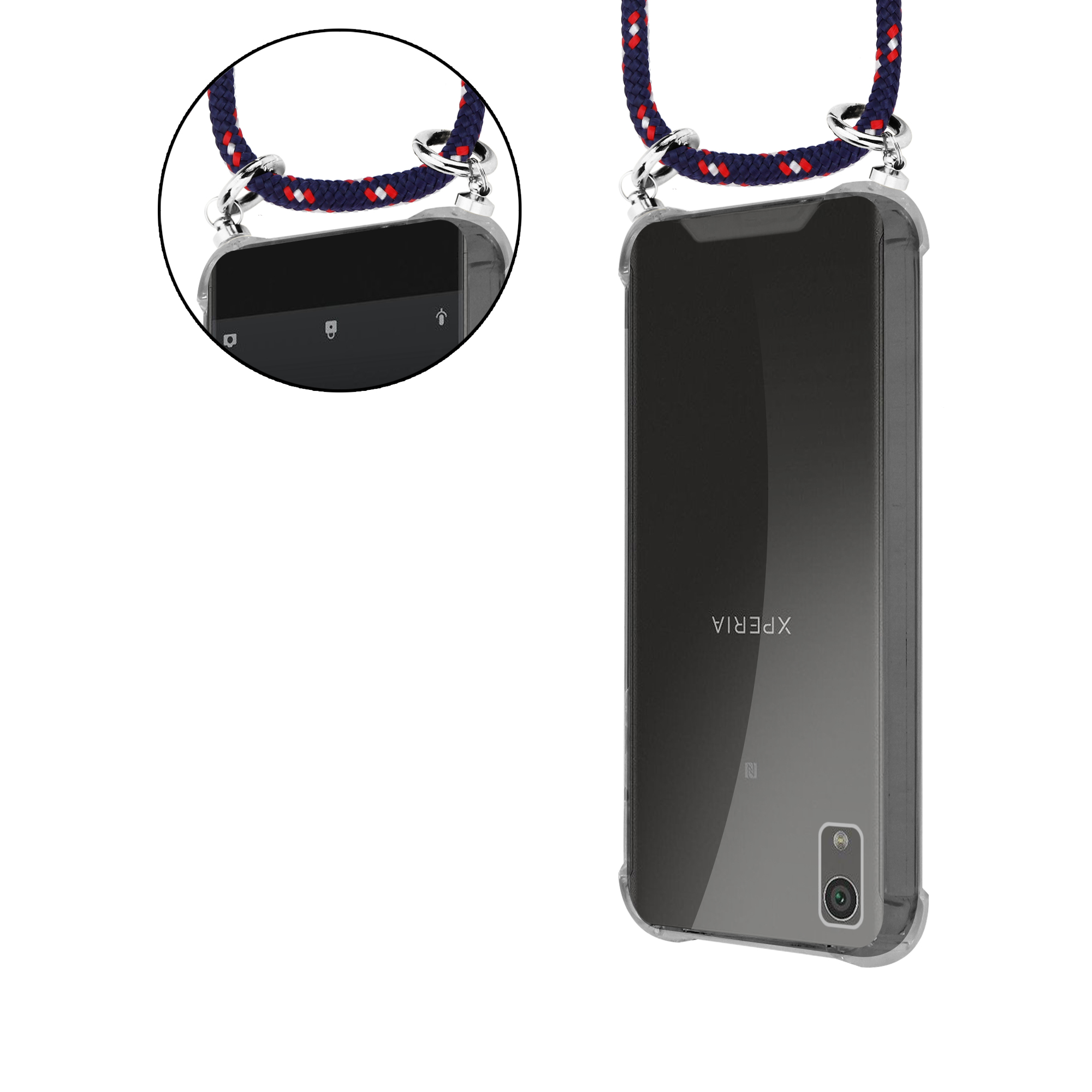 Telefon in einer transparenten Hülle mit einem Schlüsselband. Telefon ist auf der rechten Seite. Das Schlüsselband ist blau und weiß.