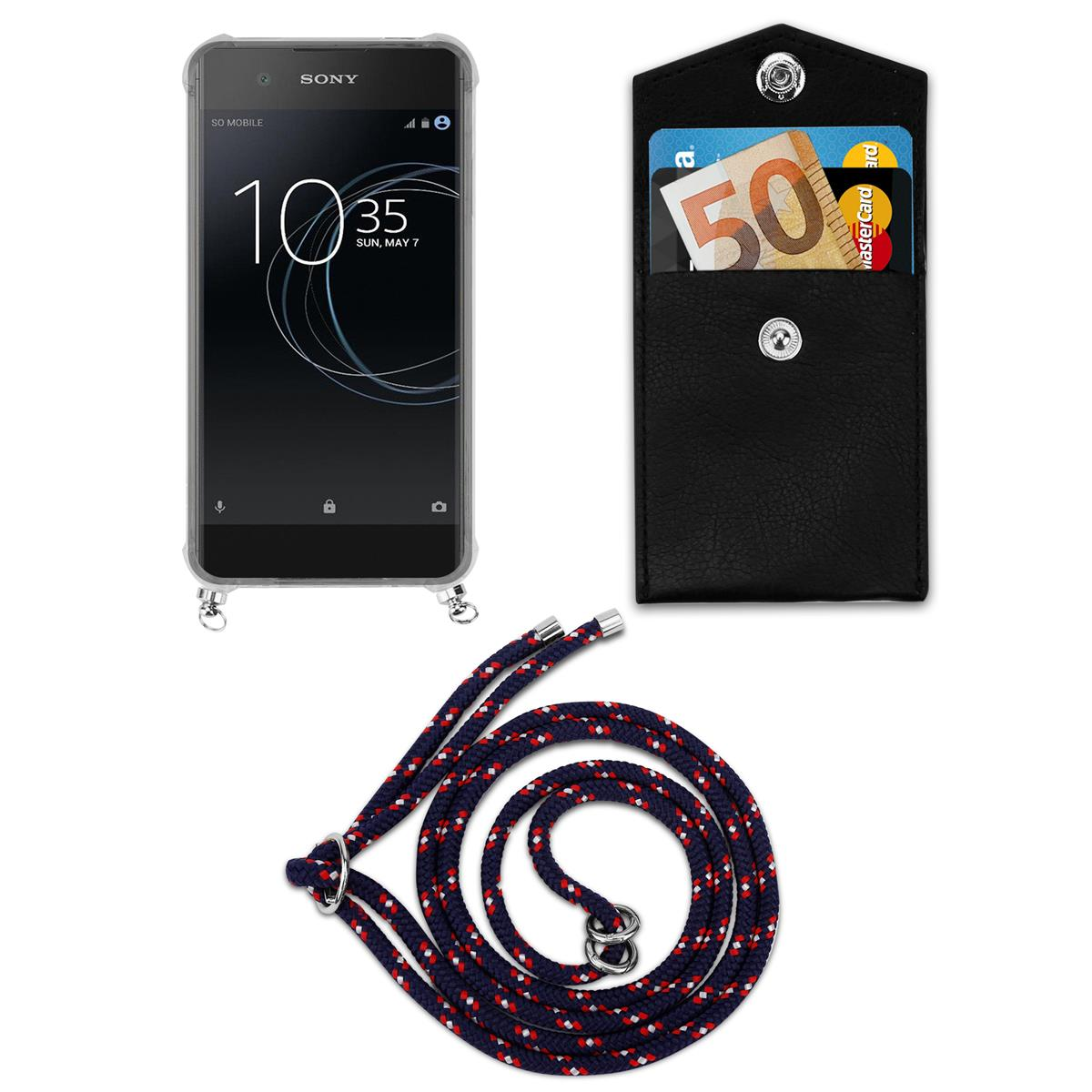 Telefon, Lanyard und eine schwarze Ledergeldbörse. Das Telefon zeigt die Uhrzeit. Die Geldbörse enthält Karten und Geld.