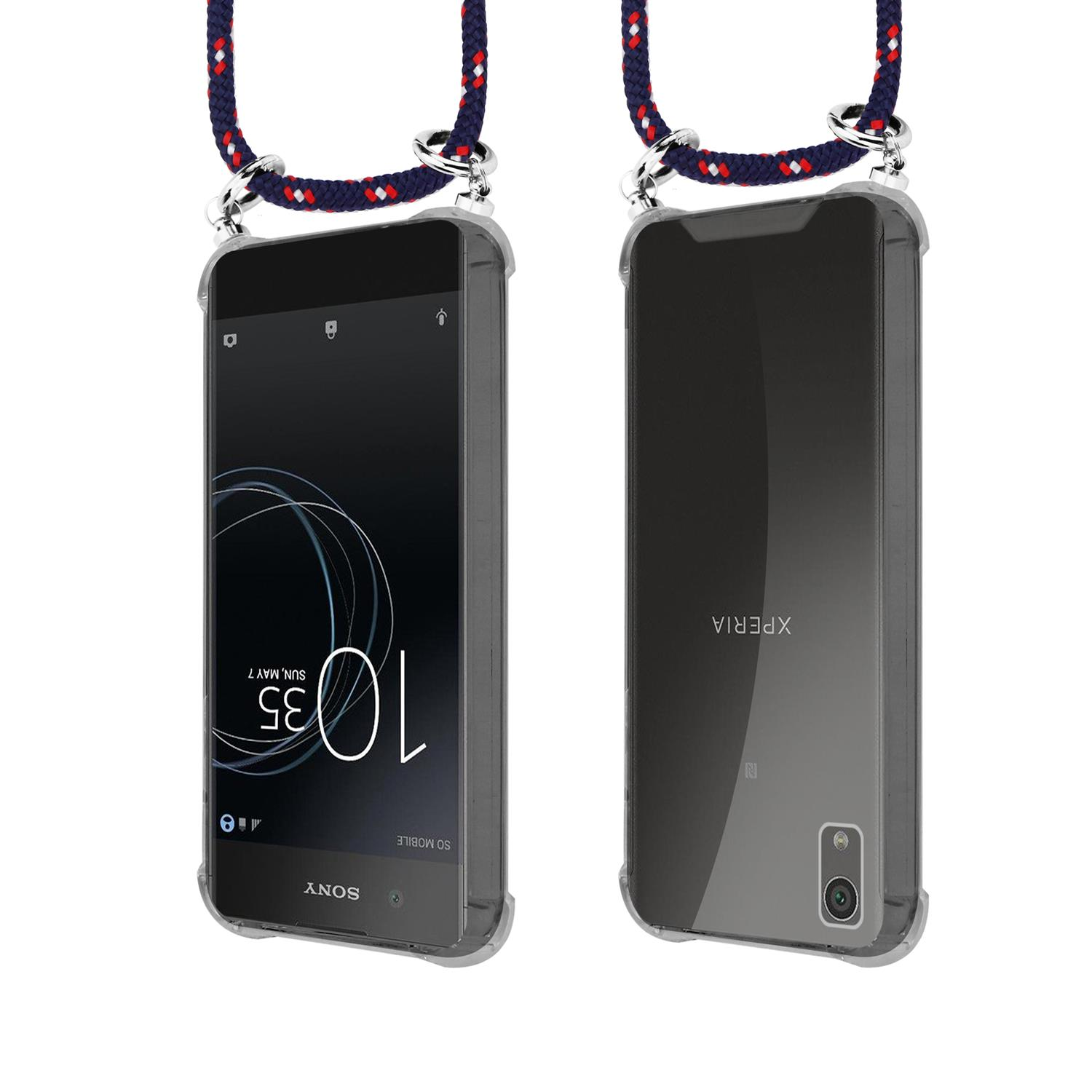 CADORABO TPU Handy Kette SILBER, Backcover, Sony, Xperia XA1 PLUS, BLAU ROT WEIß GEPUNKTET