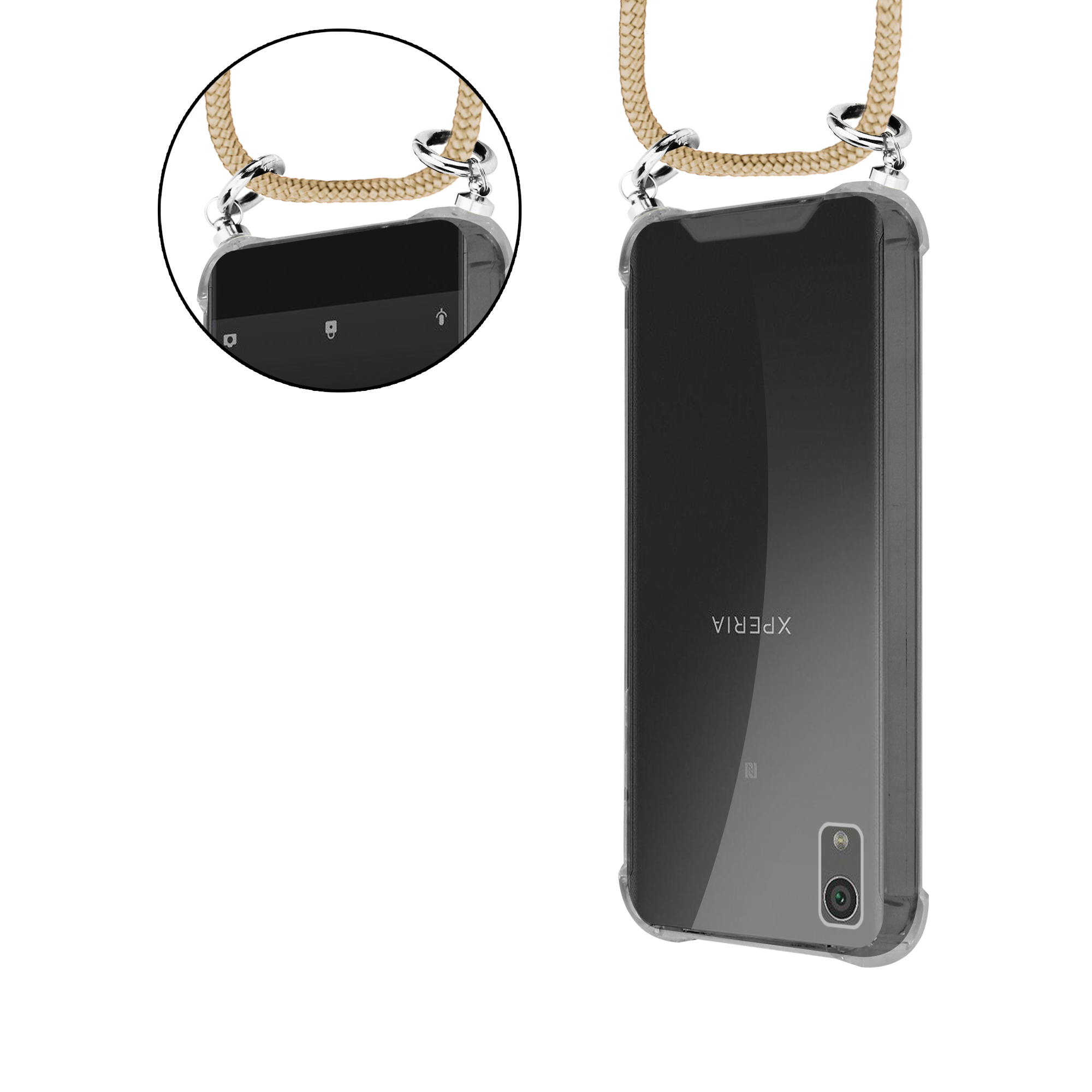 Ein Telefon in einer transparenten Hülle mit einem Schlüsselband. Das Telefon hat den Markennamen Xperia auf der Rückseite. Es liegt auf einer weißen Oberfläche.