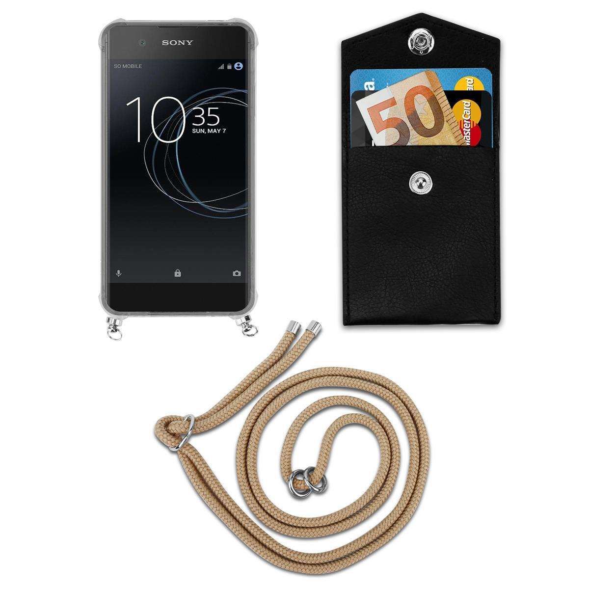 Weißes Telefon mit Umhängeband und Geldbörse mit Karten. Zubehör auf weißer Oberfläche.