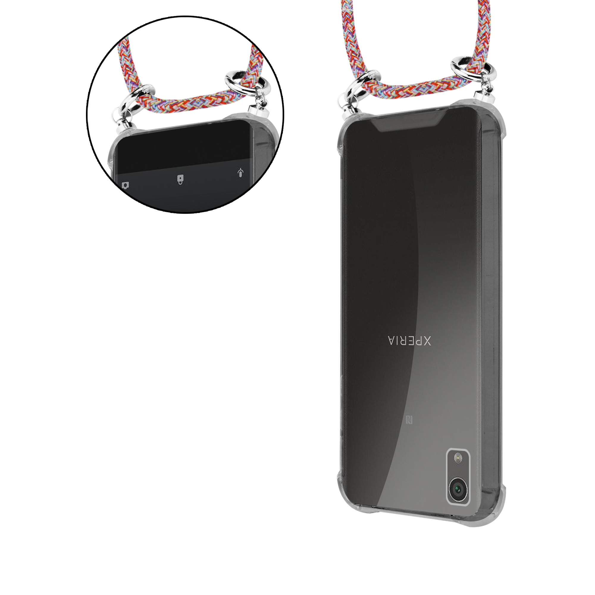 Eine Handyhülle mit buntem Riemen und eine Nahaufnahme des Telefonbildschirms. Das Telefon ist transparent.