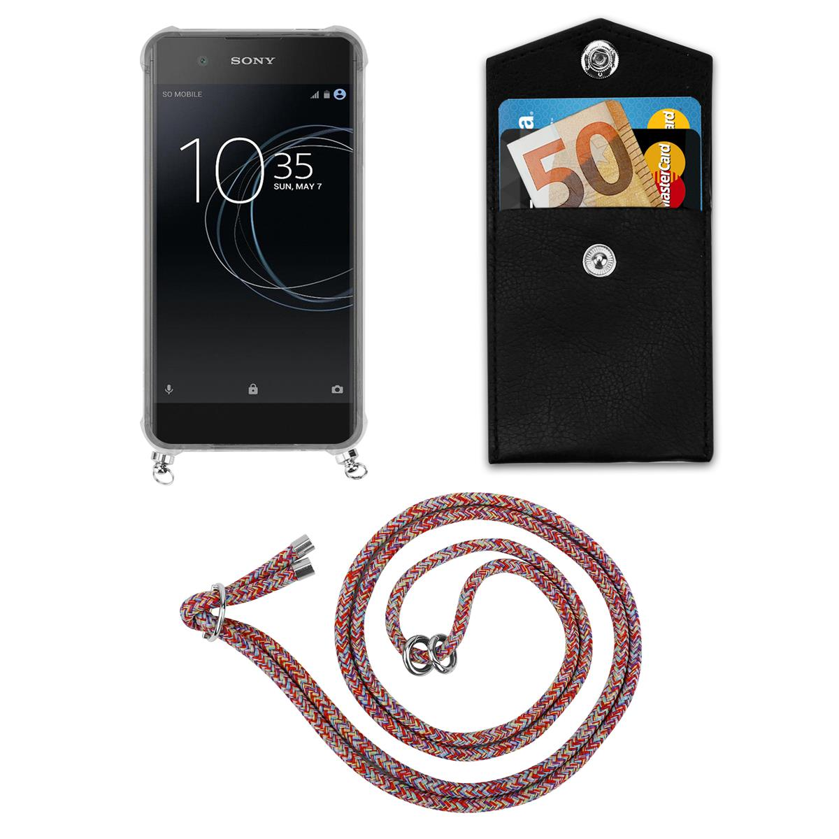 Telefon, Geldbörse und Lanyard. Geldbörse mit Karten und Geld. Weißer Hintergrund.