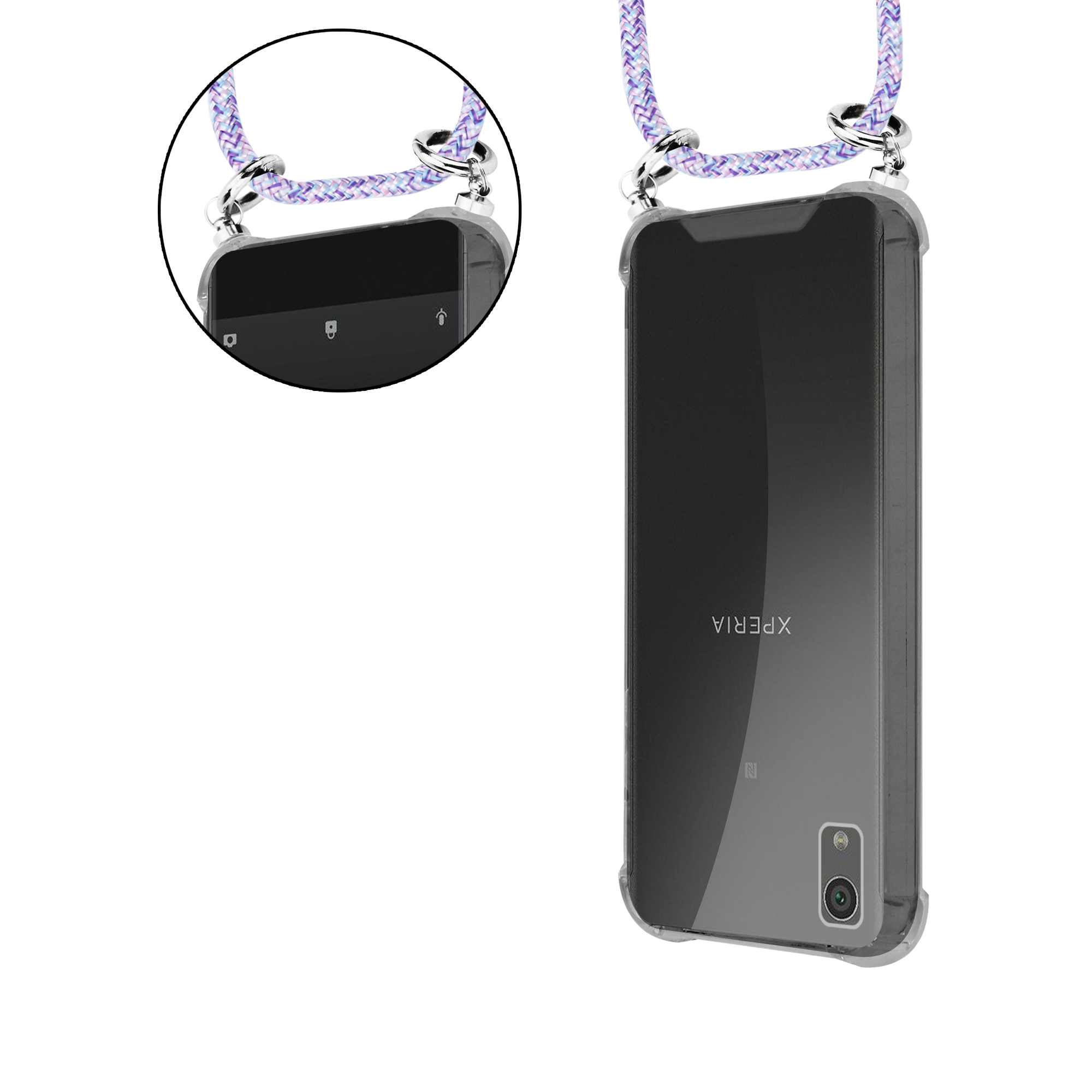 Ein Telefon in einer transparenten Hülle mit einem Lanyard. Das Lanyard ist lila und weiß.