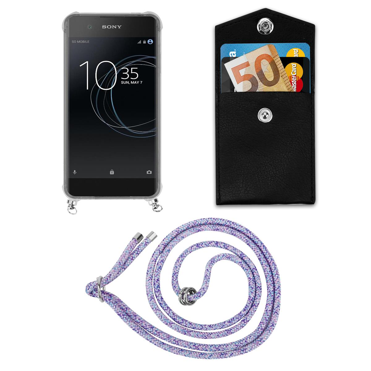 Ein Telefon mit Lanyard und einer kleinen Geldbörse. Das Telefon zeigt die Uhrzeit an.