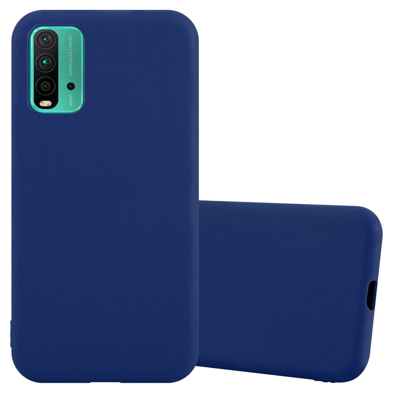 Custodia per telefono blu navy. Il telefono è dentro e angolato verso l'alto, mostrando la fotocamera.