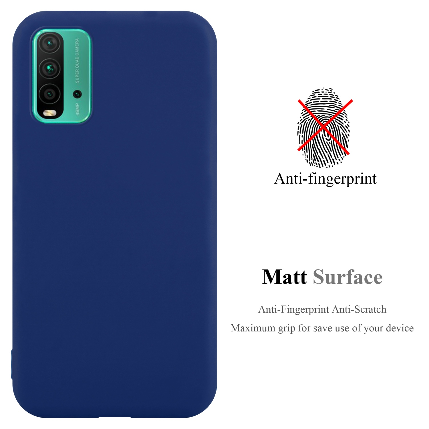 Custodia per telefono blu scuro con telefono. Testo: Anti-impronta, Superficie opaca e l'icona senza impronte digitali.