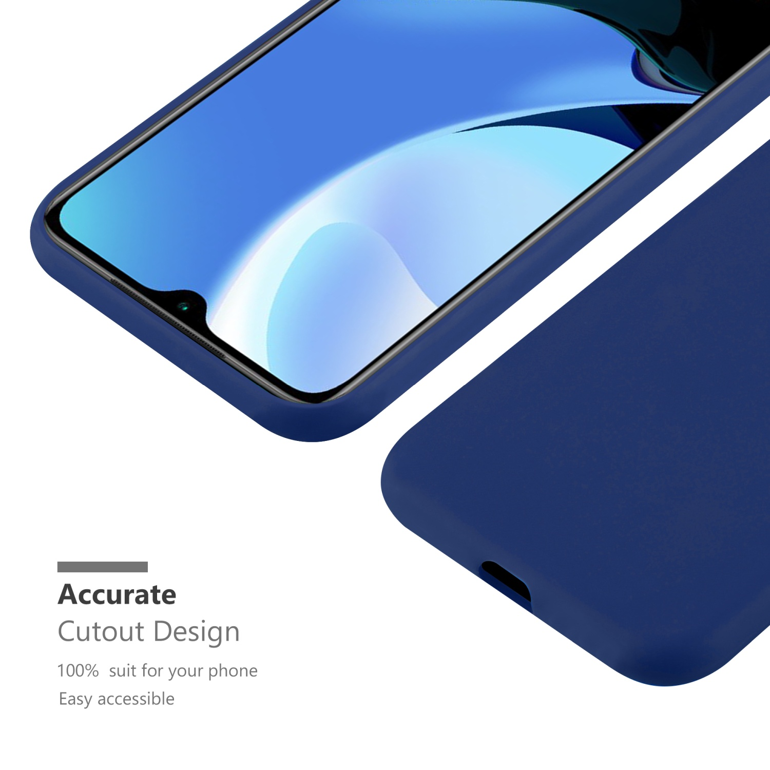 Una custodia blu per telefono con un telefono, che mostra il design con ritagli precisi.