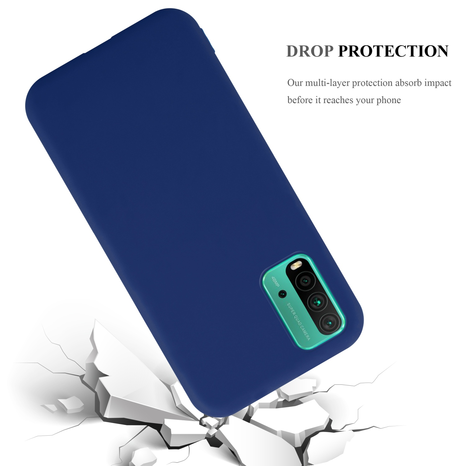 Custodia blu, angolata. Testo: Protezione dalle cadute. Assorbimento degli urti prima di raggiungere il telefono. Terreno crepato.