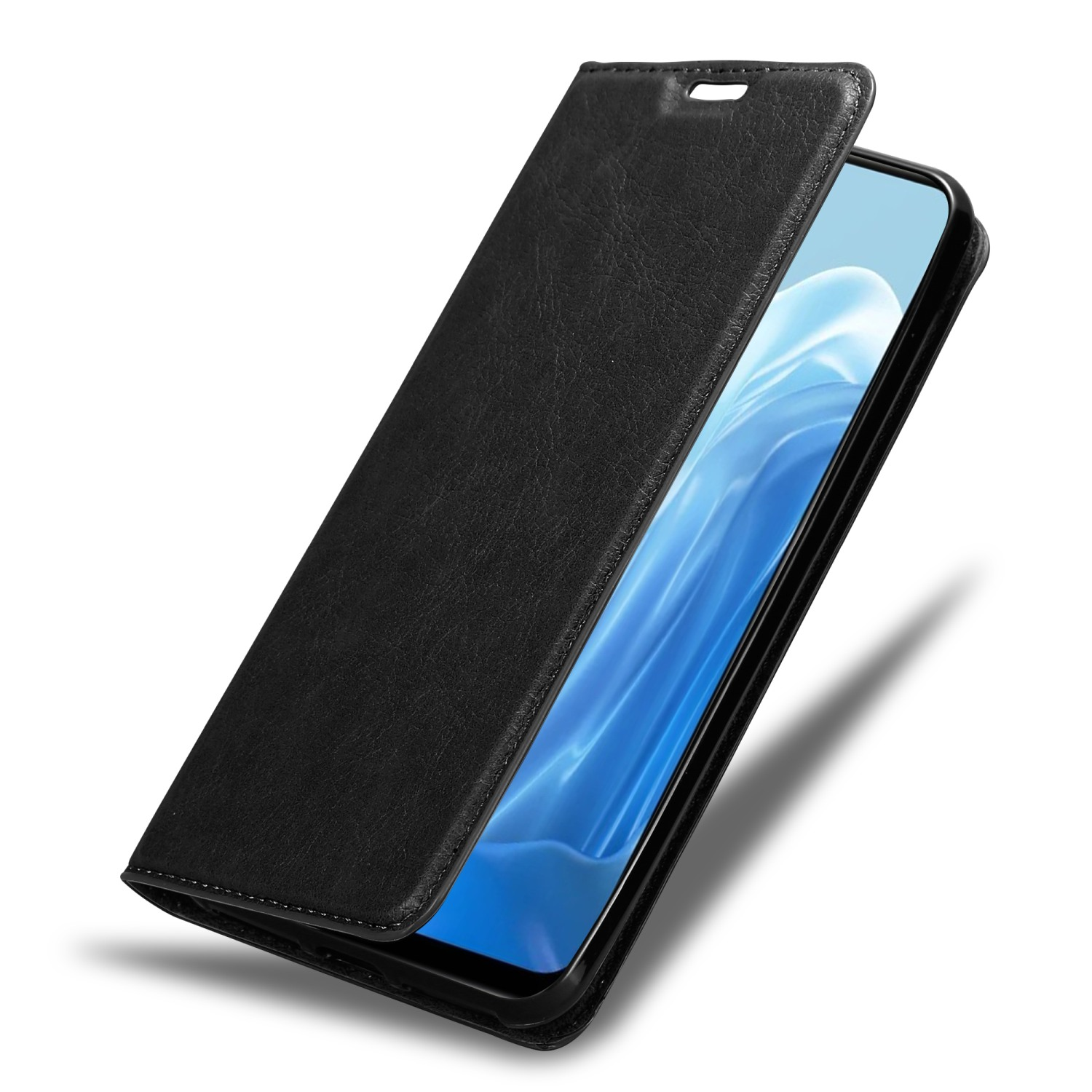 Schwarze Handyhülle, offen, zeigt Telefon. Weißer Hintergrund.