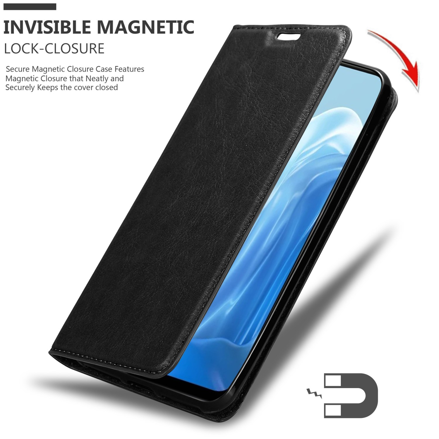 Schwarze Handyhülle geöffnet, zeigt einen Telefonbildschirm. Text: 'Invisible Magnetic Lock-Closure'.
