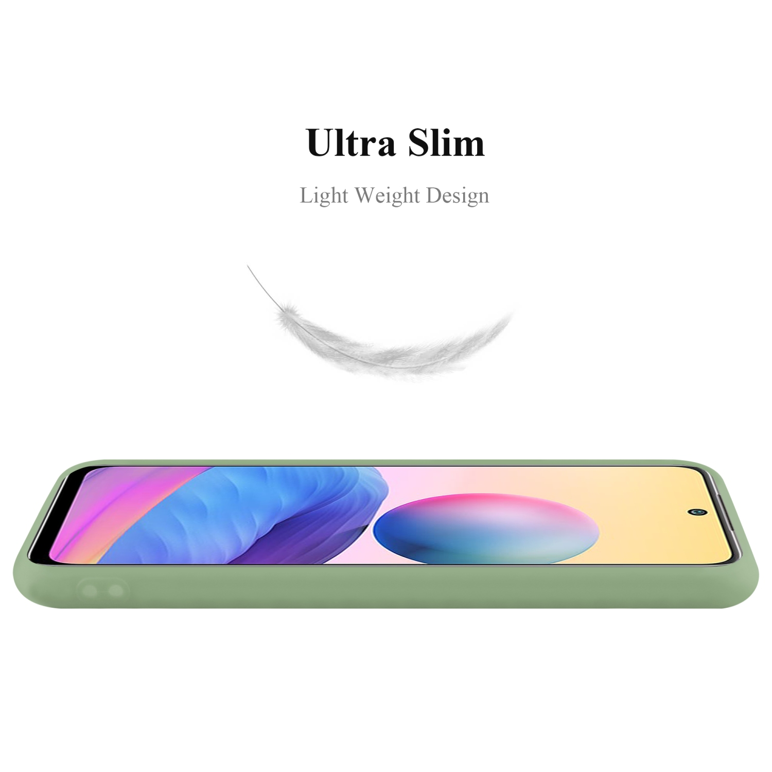 Custodia per telefono verde. La custodia del telefono è appoggiata su uno sfondo bianco. Testo ultra sottile.