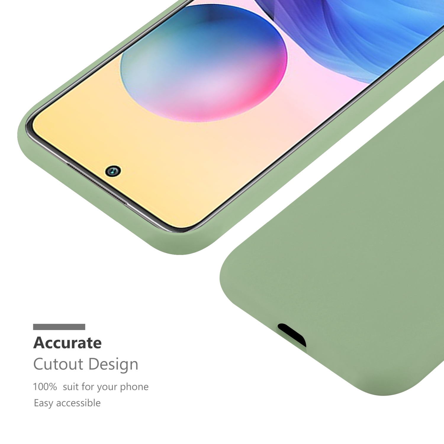 Primo piano di una custodia verde. Testo 'Accurate Cutout Design' con il telefono nella custodia.