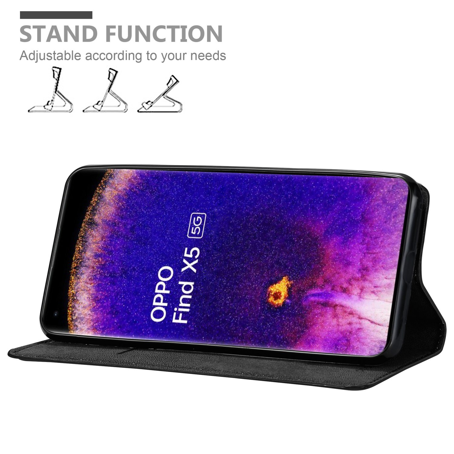 Funda negra con teléfono dentro. El teléfono muestra una pantalla colorida, y la funda está abierta.