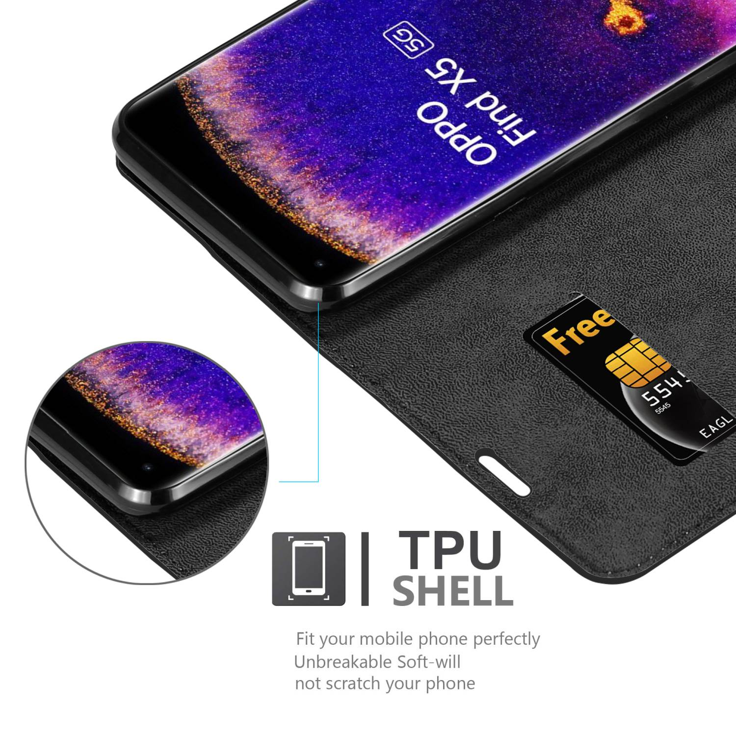Funda negra con teléfono dentro, ranura para tarjetas. Texto: Carcasa TPU, irrompible, suave, no raya.