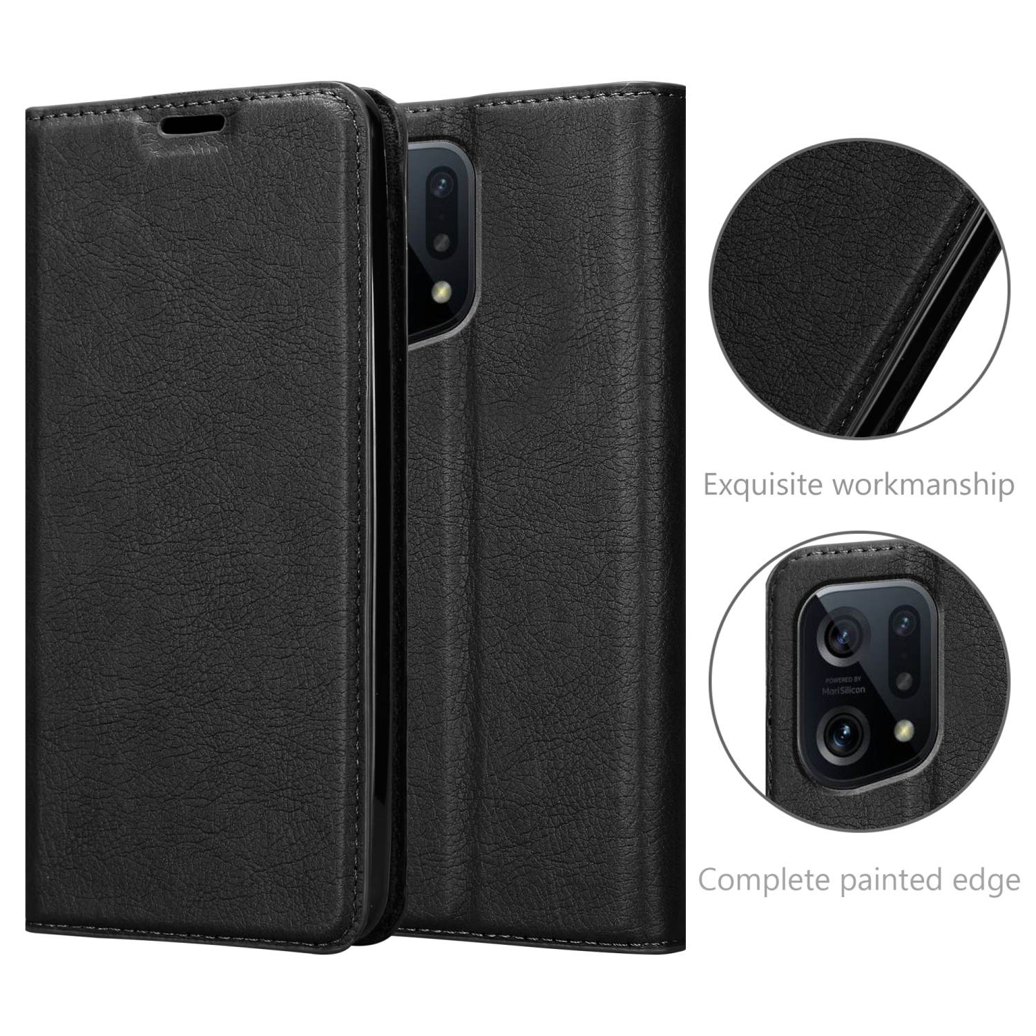 Funda negra para teléfono, abierta, teléfono visible. Detalles de costuras y cámara visibles.