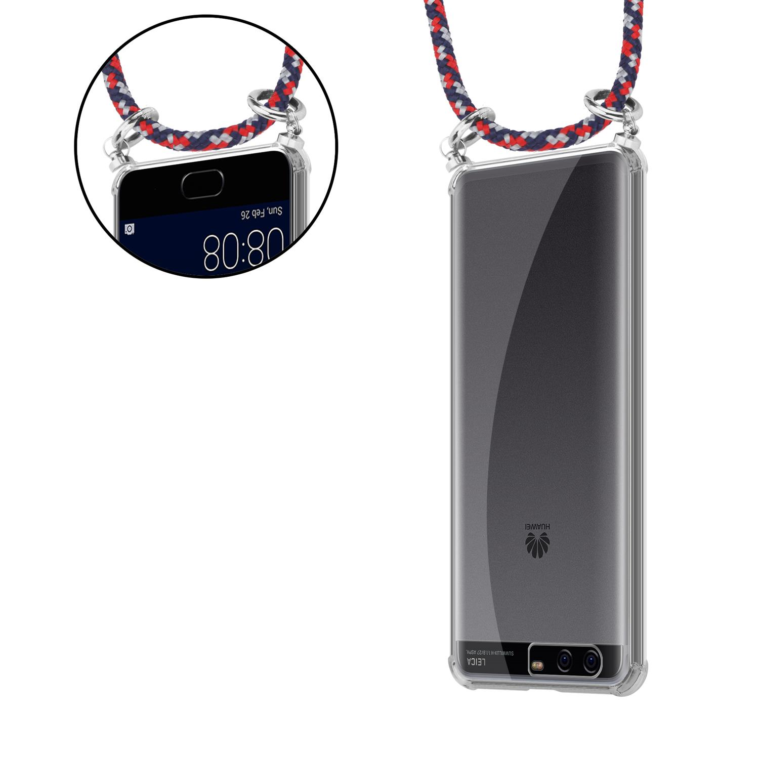 Telefon in klarer Hülle mit buntem Riemen, mit Nahaufnahme des Riemens.