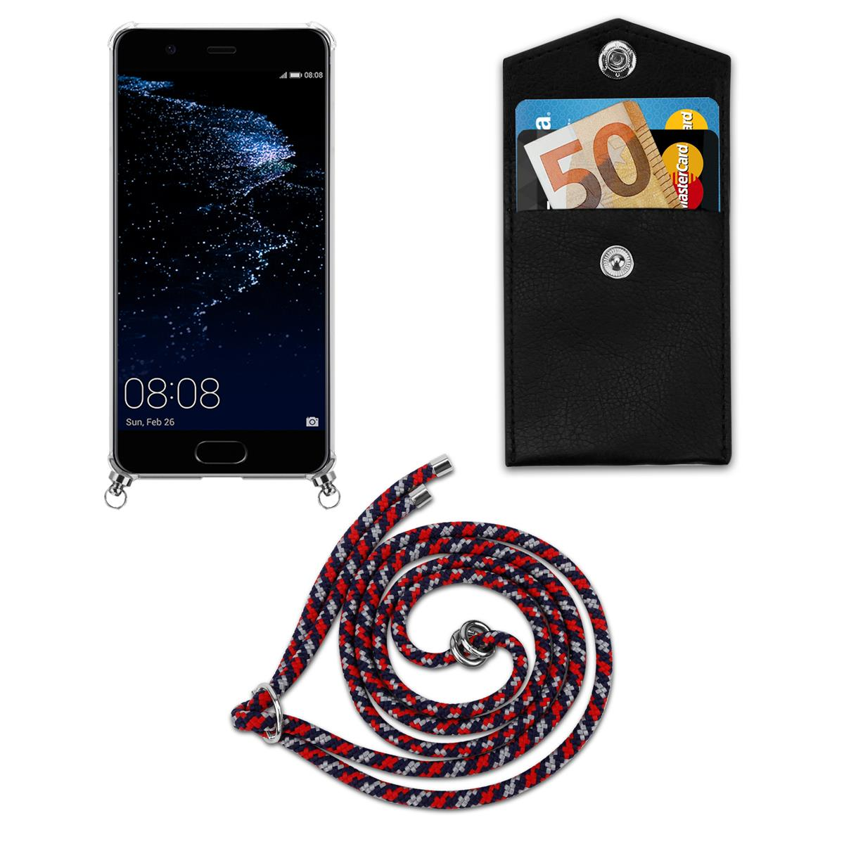 Telefon, Karten und Lanyard. Schwarzes Telefon, Bildschirm an, Karten in einer Brieftasche. Rotes, schwarzes und weißes Lanyard.