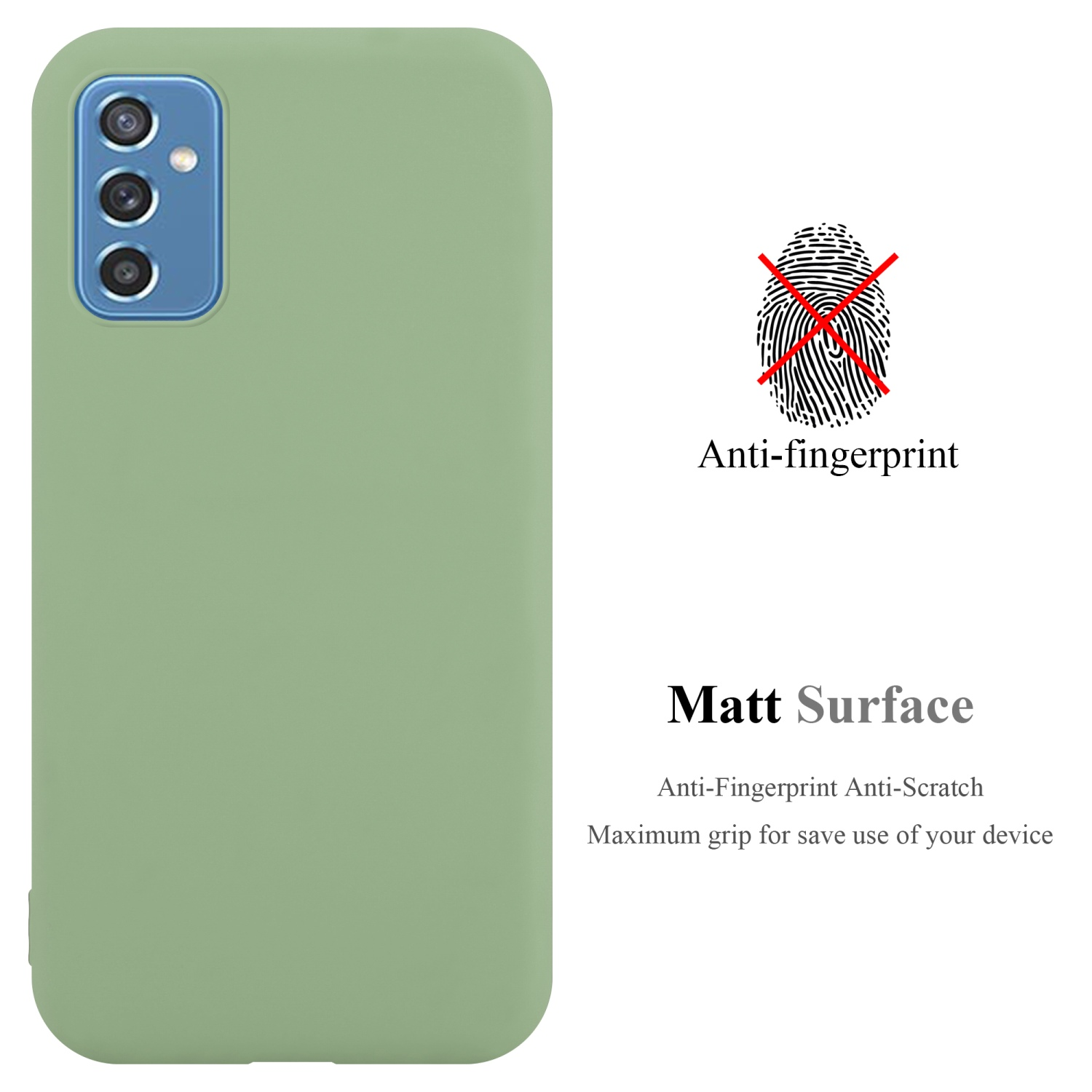 Custodia per telefono verde con superficie anti-impronta e il testo 'Matt Surface'.