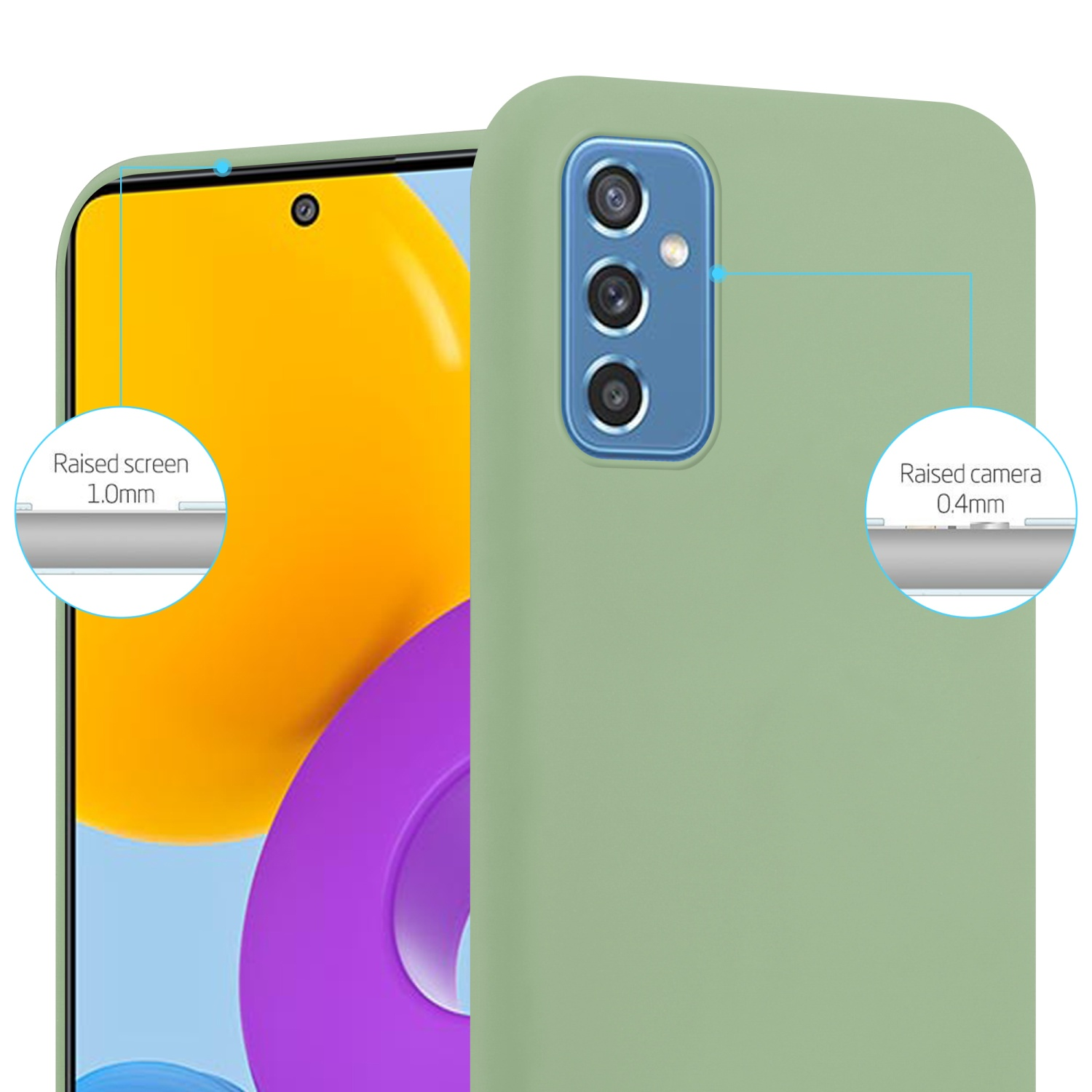 Custodia per telefono verde con telefono all'interno. Dettagli dello schermo e della fotocamera rialzati.