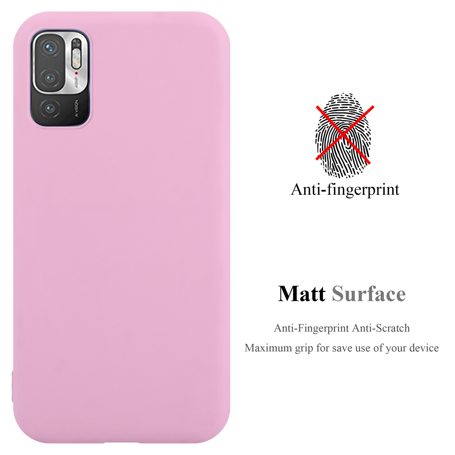 Custodia rosa con fotocamera e testo anti-impronta. La custodia ha una superficie opaca.