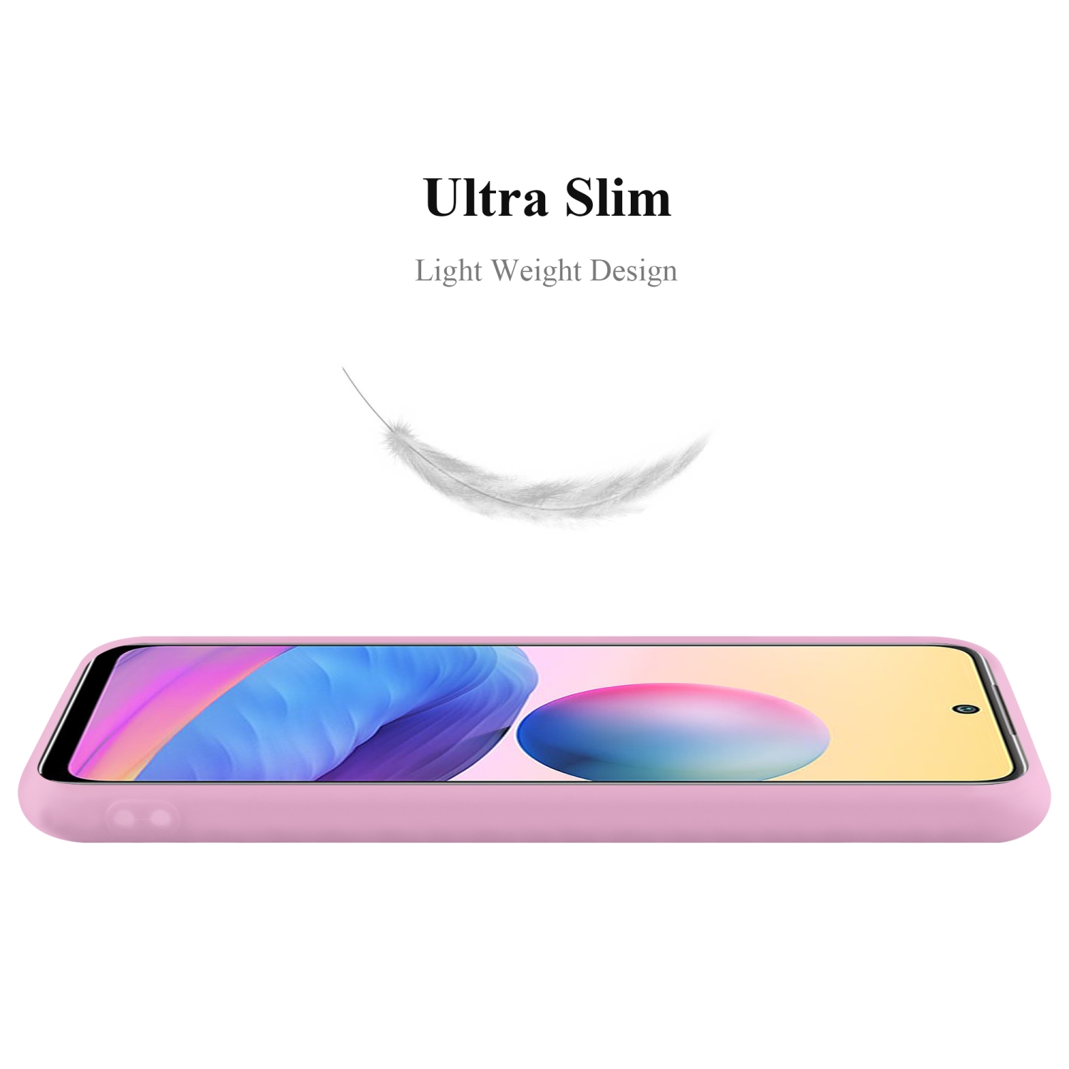 Una custodia rosa per telefono con il testo 'Ultra Slim' e una grafica a forma di piuma sopra un telefono.