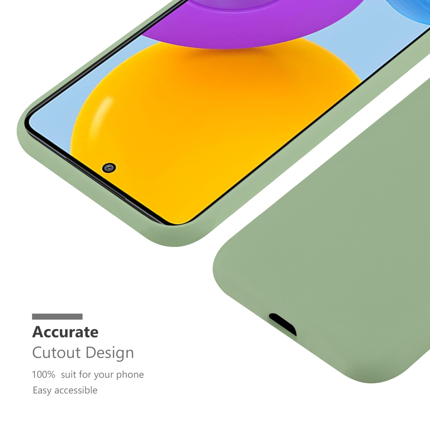 Custodia per telefono con bordo verde. Lo schermo del telefono mostra uno sfondo colorato. La custodia è angolata e parzialmente visibile.