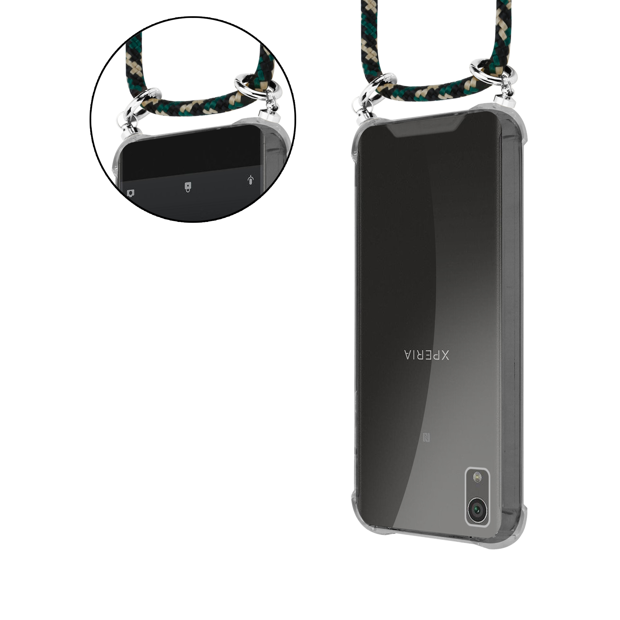 Eine transparente Handyhülle mit einem Lanyard. Das Lanyard ist schwarz und grün. Auf dem Telefon steht XPERIA.
