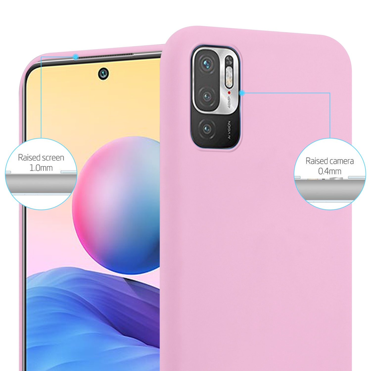 Custodia per telefono rosa con un telefono. Schermo e fotocamera rialzati sono evidenziati. Sfondo bianco.
