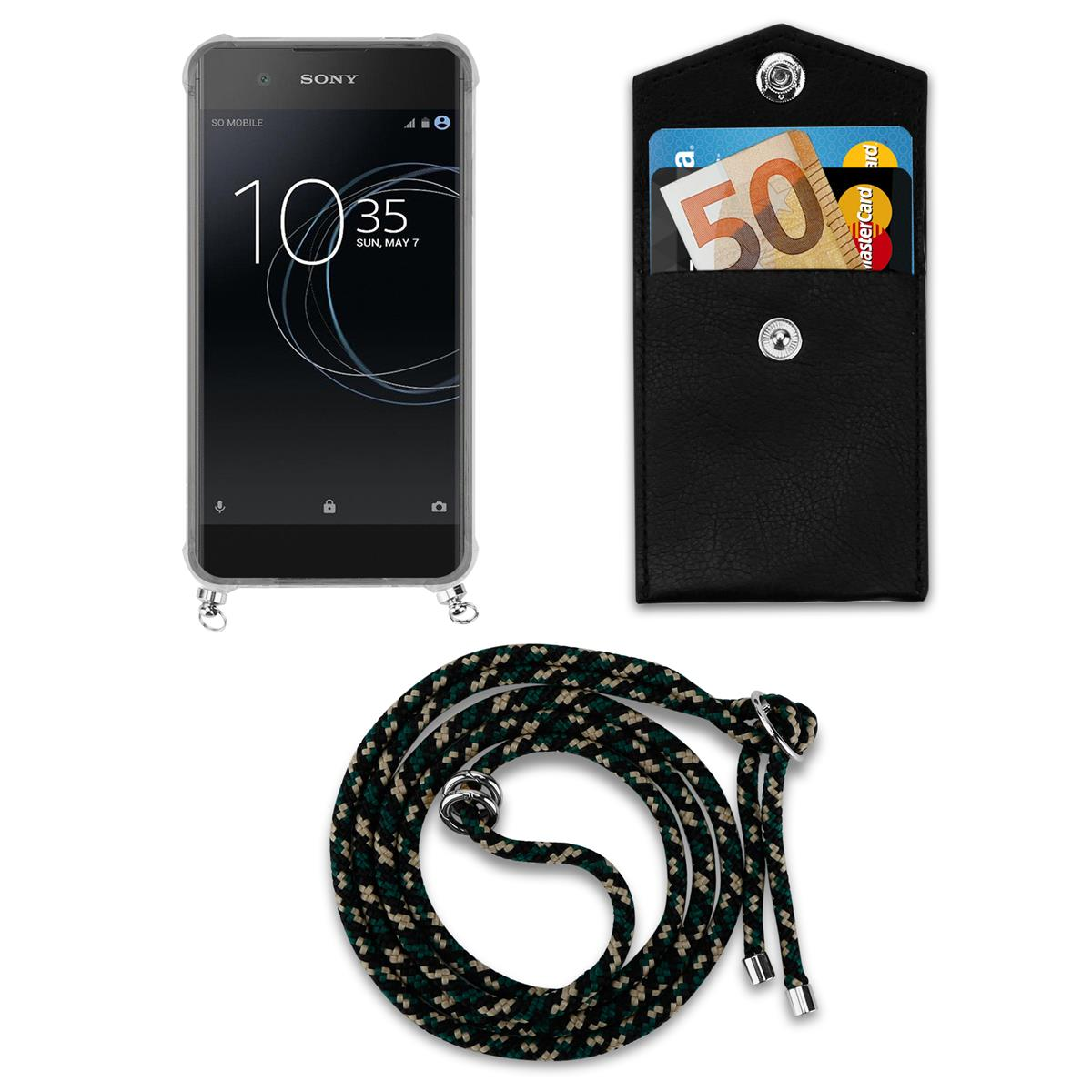 Ein Telefon, ein schwarzes Lederetui mit Karten und ein grün-schwarz gemusterter Gurt.