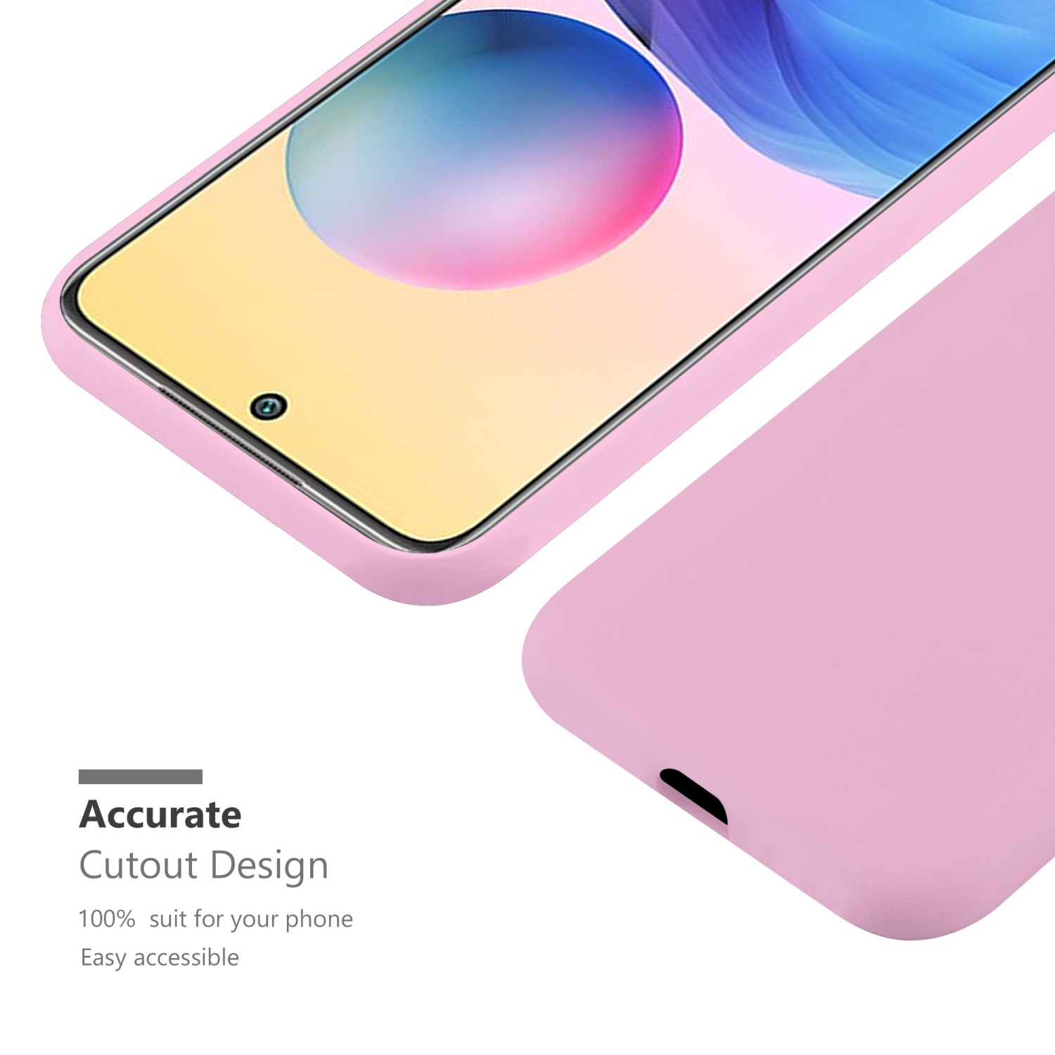 Custodia rosa con schermo del telefono. La custodia è su sfondo bianco.