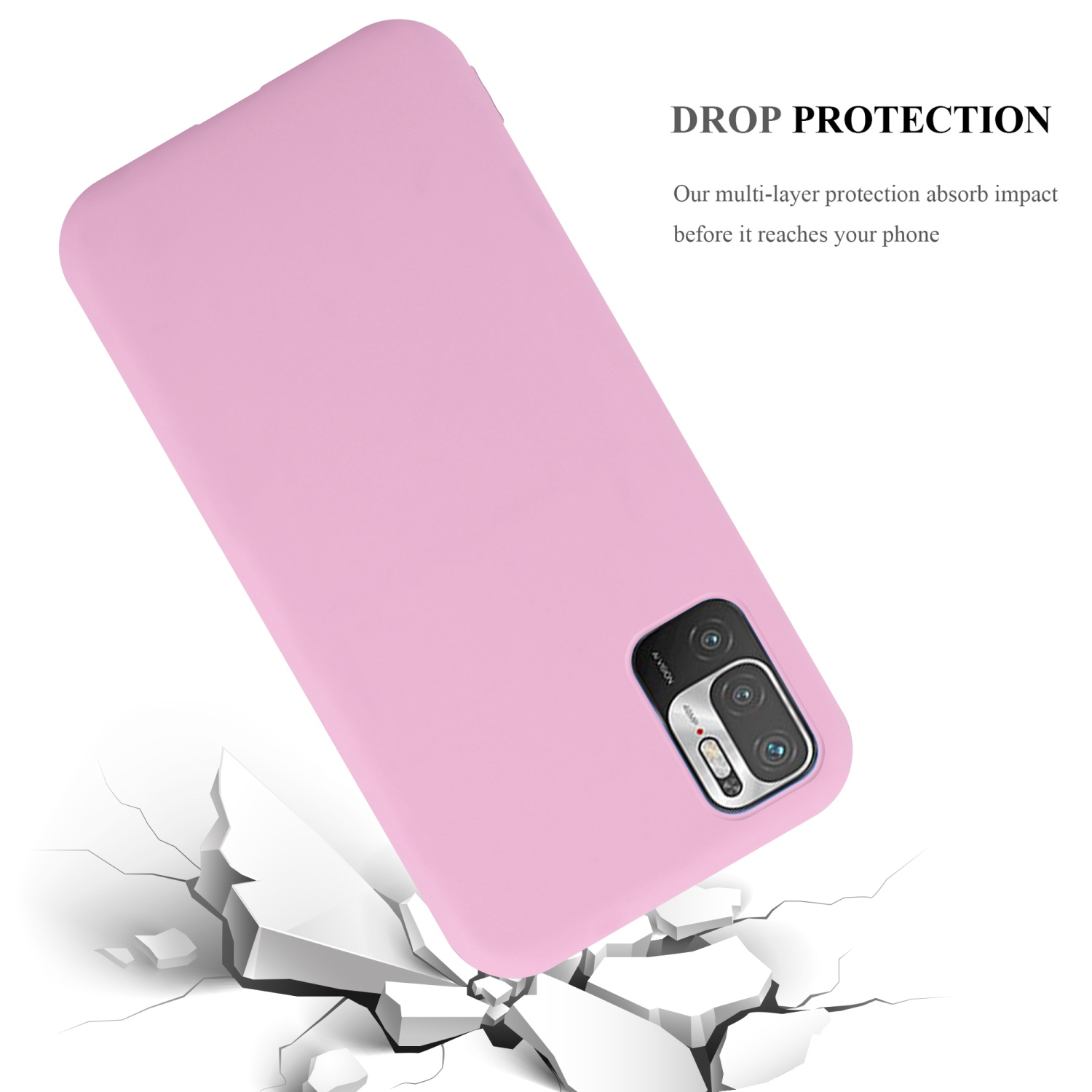Custodia per telefono rosa angolata, con superficie screpolata simulata, su sfondo bianco.