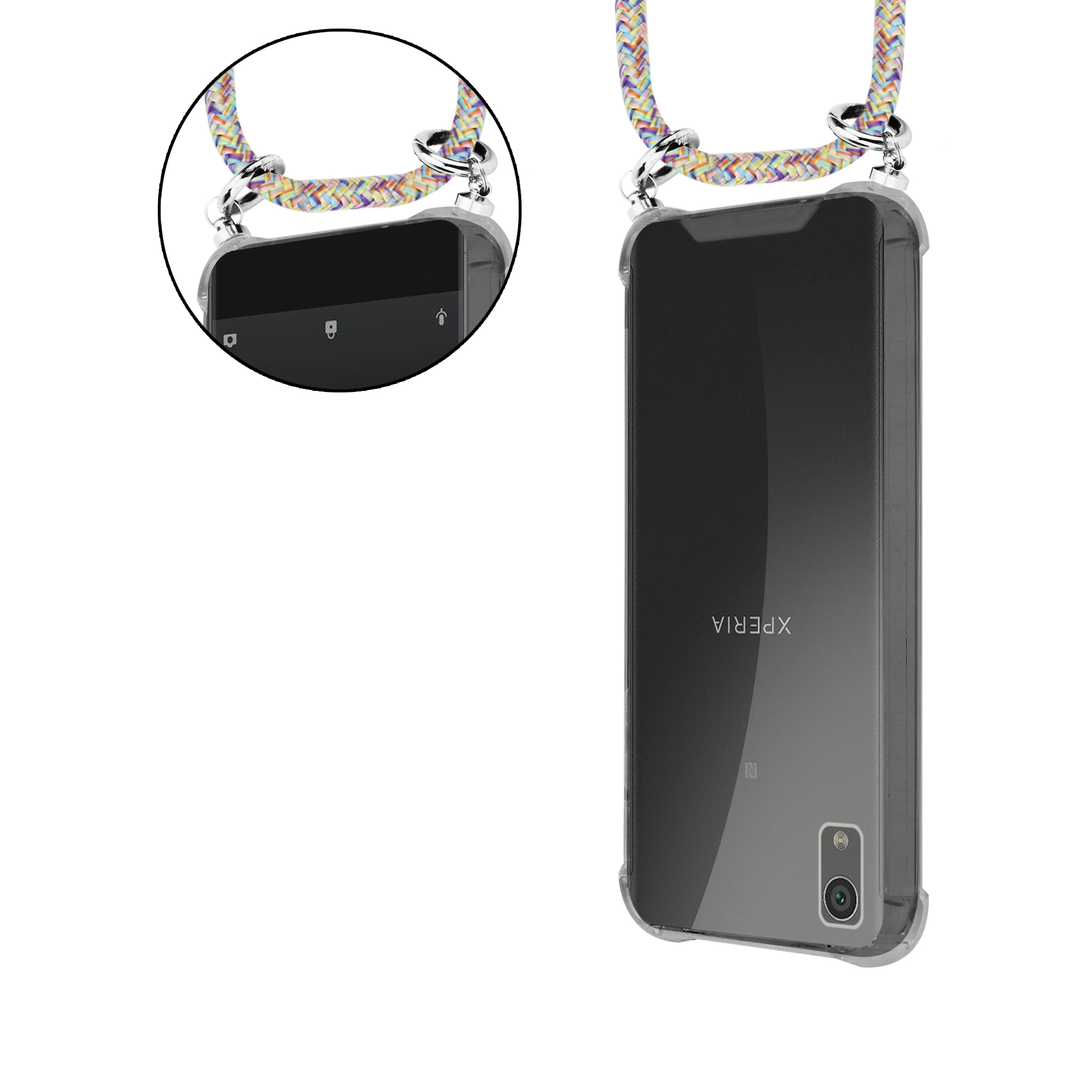 Transparente Handyhülle mit einem Lanyard befestigt. Die Handyhülle ist auf einem Telefon.