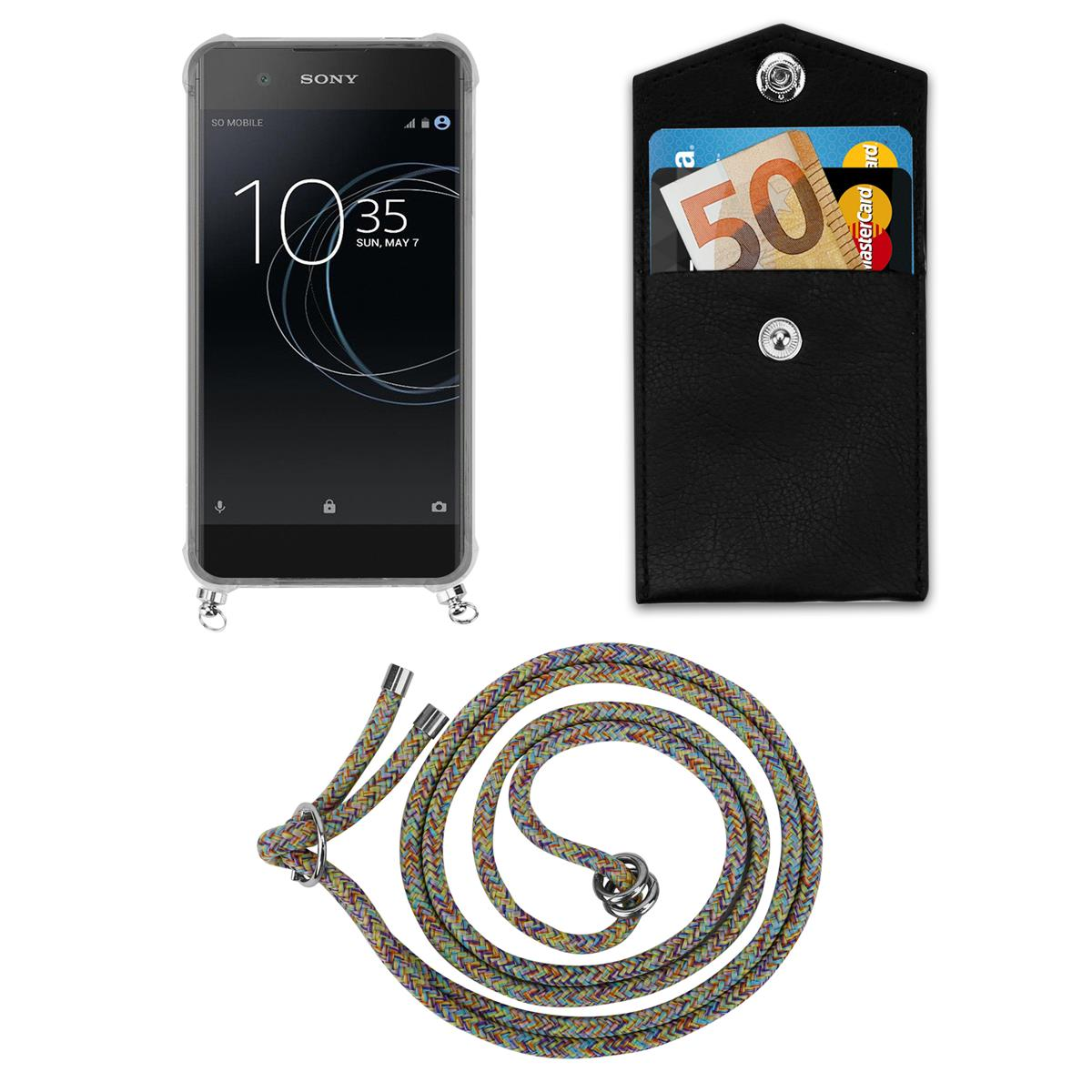 Telefon mit Hülle und Riemen, und einem separaten schwarzen Karten- und Geldbesitzer.